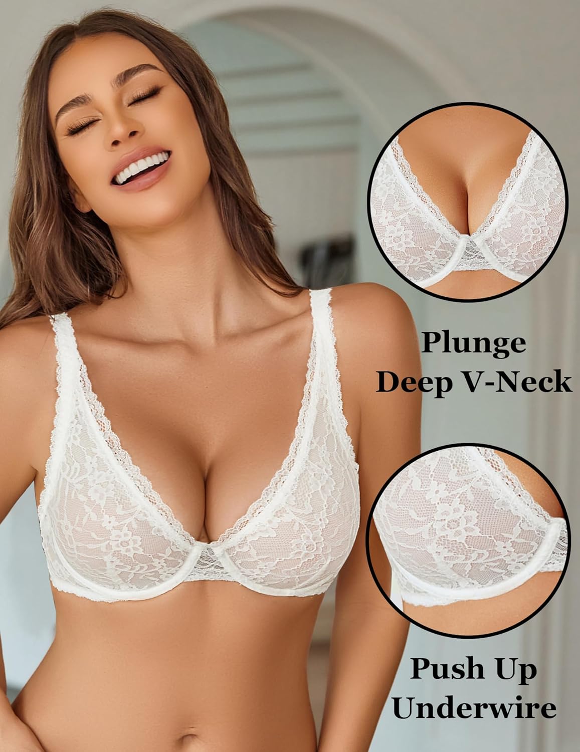 Avidlove Lace Bras for Women Full Coverage Underwire Unlined Sexy Mesh Plunge Bra Plus Size 2025 White - Image 3
