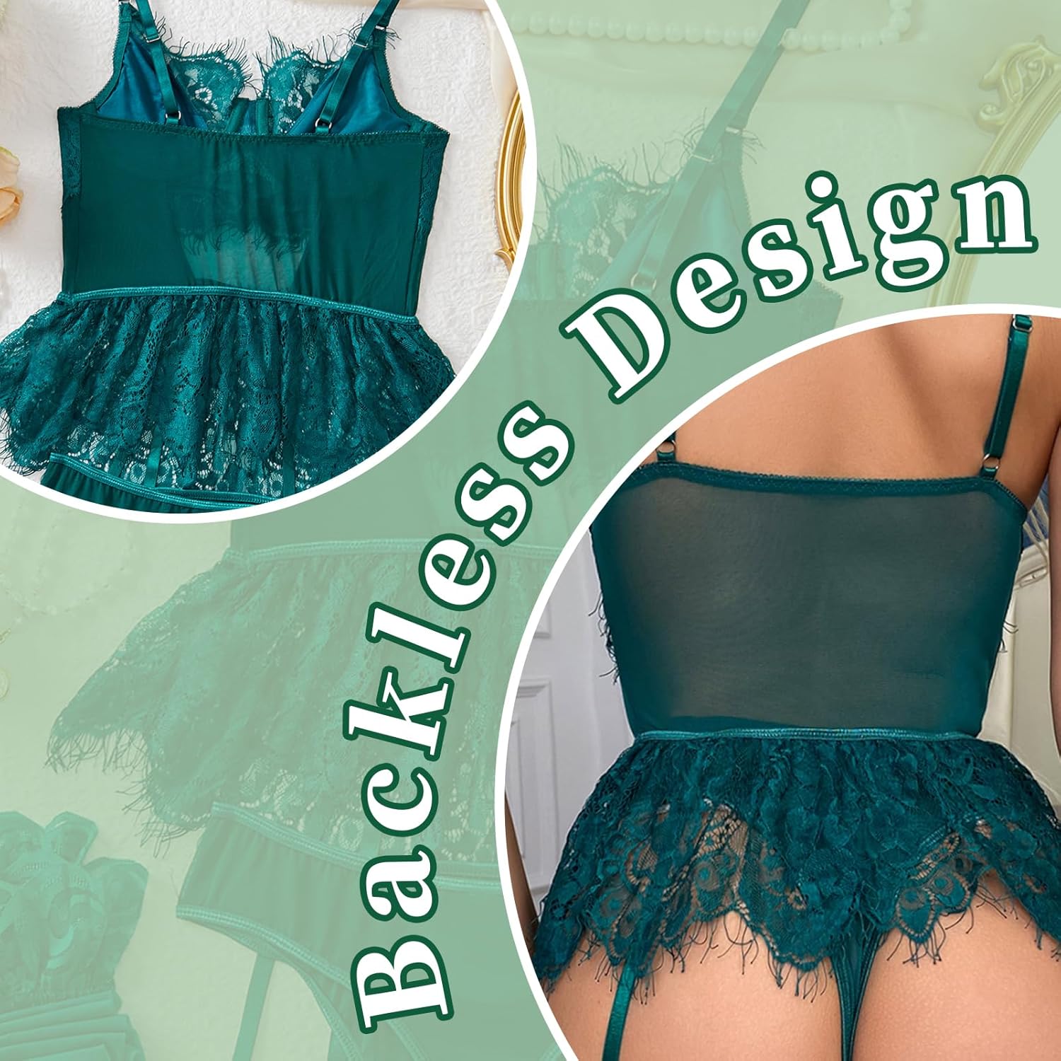 Sexy Lingerie 3 Piece Set Women Lace Bodysuit with G-String and Stockings Push Up Bralette Sheer Mesh Cute Outfits - Image 5