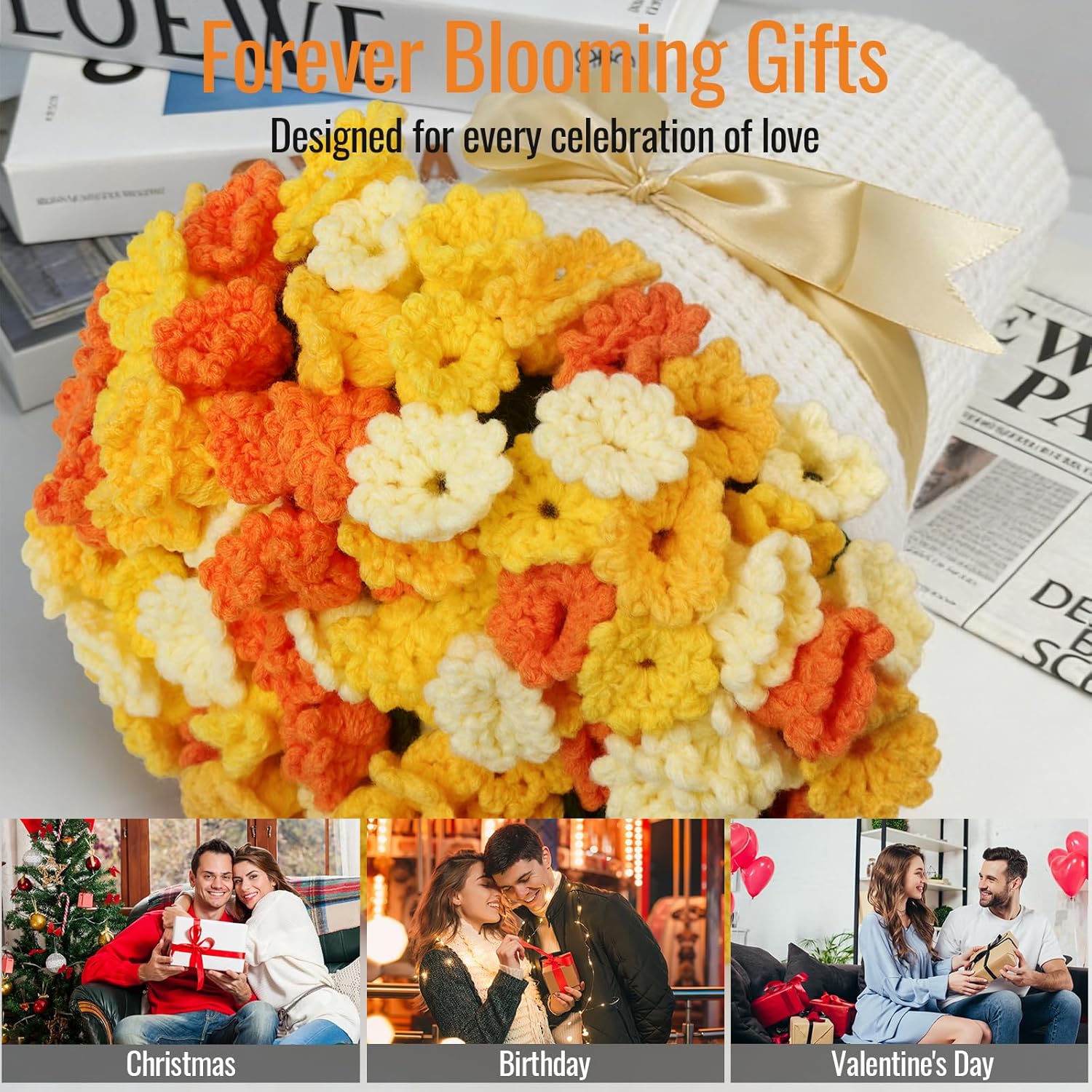 Handmade Crochet Rose Flower Bouquet Blanket - Round, Soft & Lightweight Romantic Gifts for Her, Birthday/Wedding/Valentine’s Day/Mother’s Day Home Decor (Carnation Orange, 51 inch)