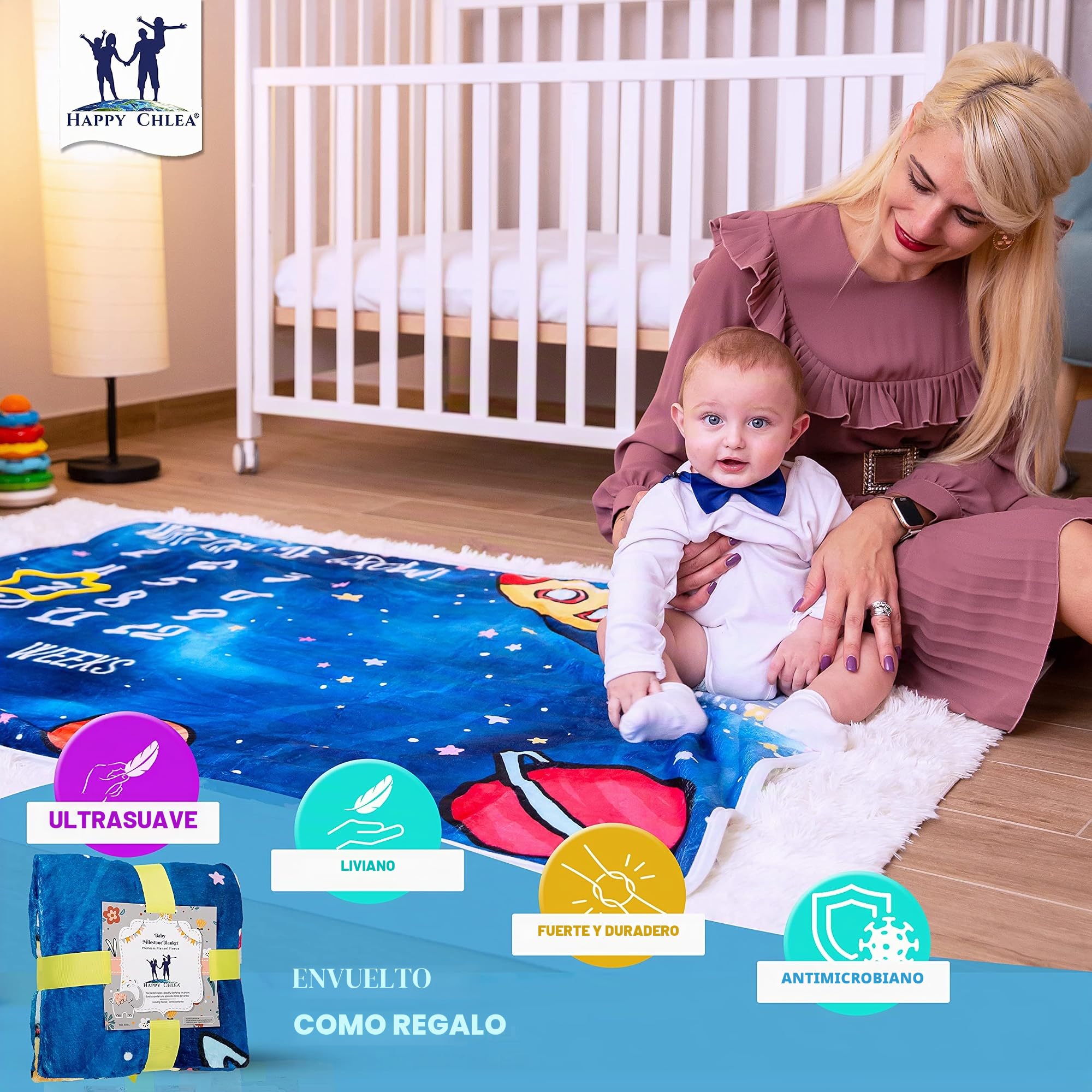 Happy Chlea® Manta Meses Bebé, Regalo de Nacimiento Original para Recién Nacido - Manta Fotográfica Infantil - Idea de Regalo Personalizados para Futuras Mamás - Certificado (Espacio)