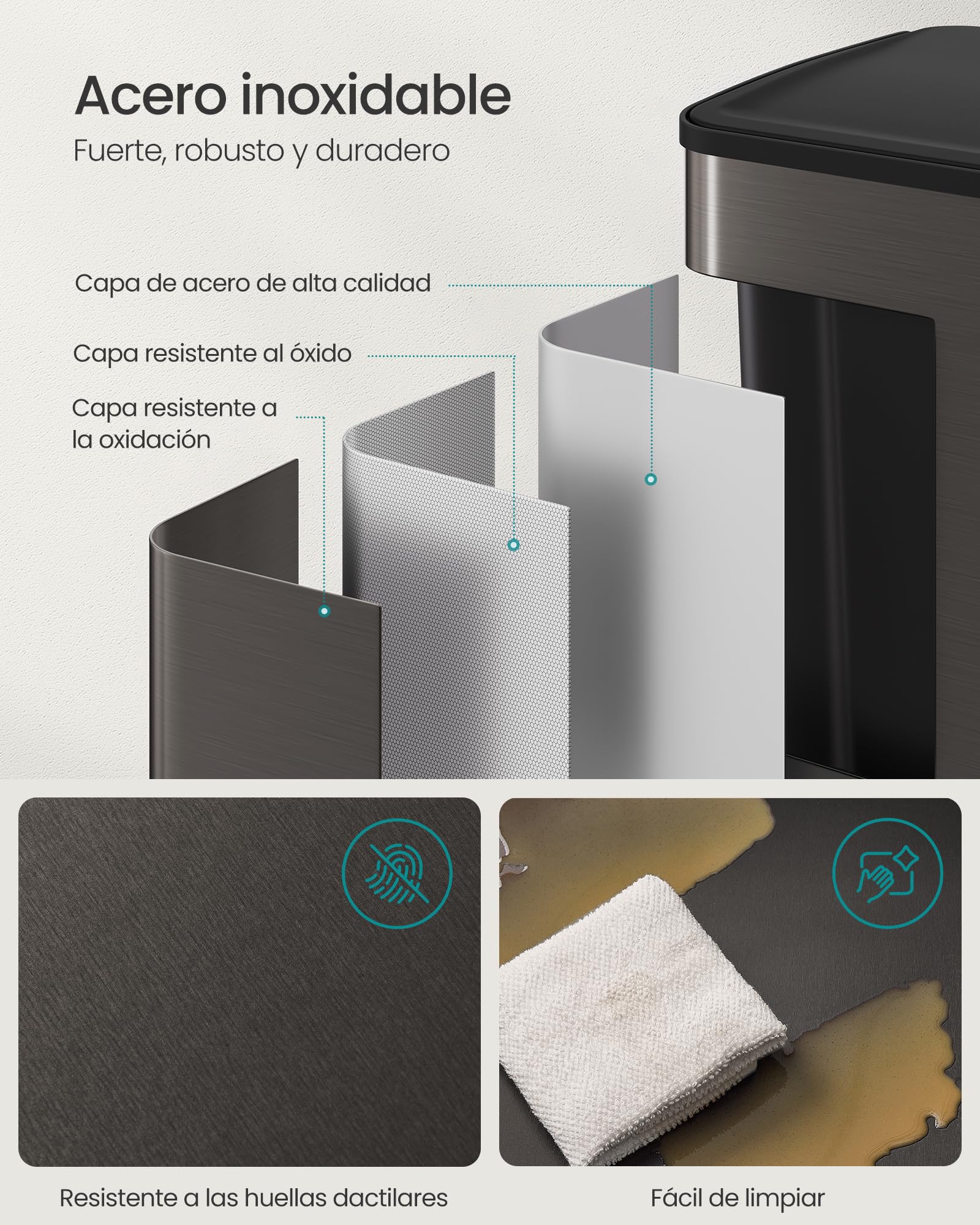 SONGMICS Cubo de Basura de Cocina, 2 x 30 L, 2 Compartimentos, Papelera de Pedal, con Tapa de Cierre Suave y Cubo Interior, Acero Inoxidable, Incluye 15 Bolsas de Basura, Gris Pizarra LTB741G01