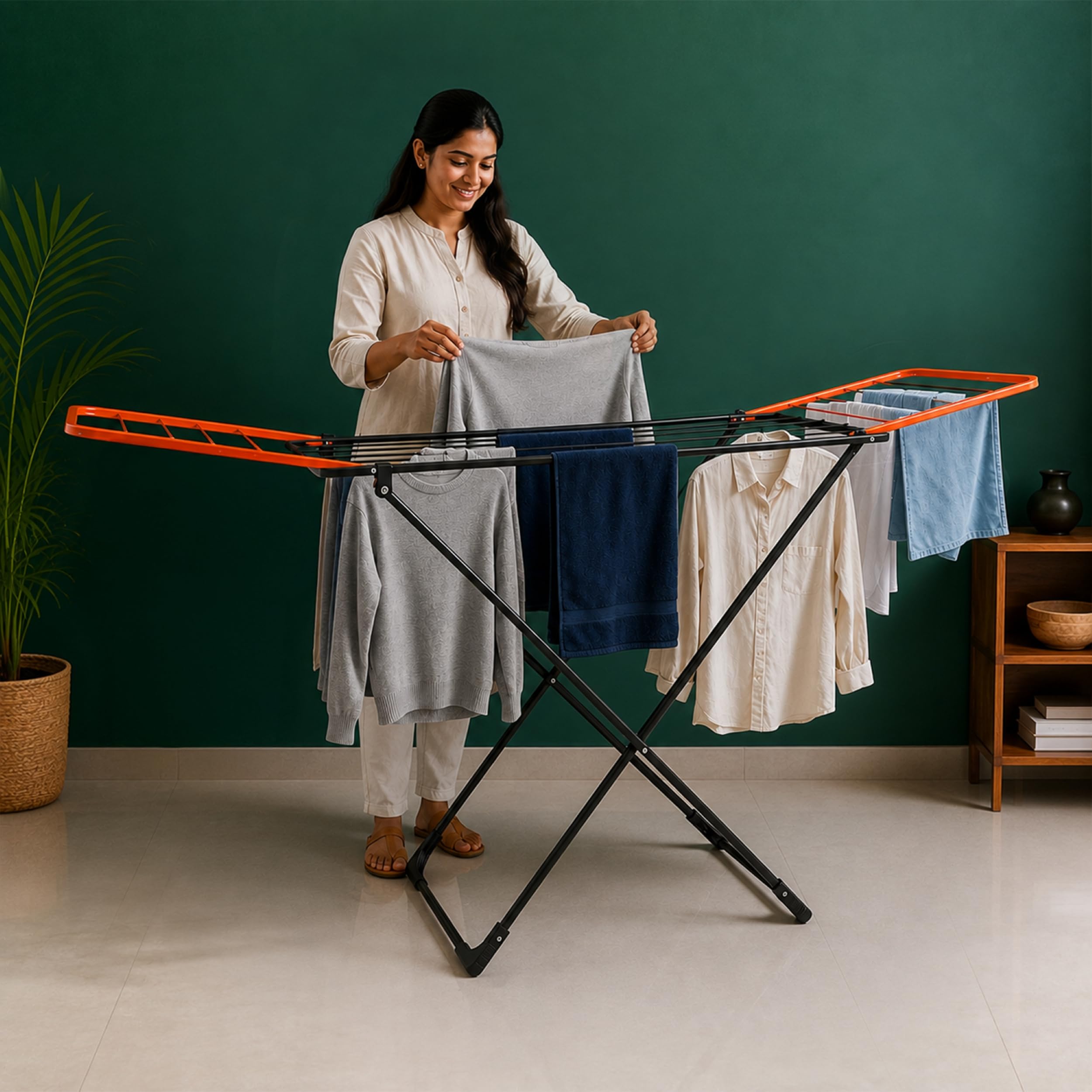 BonKaso Foldable Cloth Drying Stand, Black & Orange | 3-Way Folding with 17 Drying Rails, Lightweight Alloy Steel,Flat Folding Design for Indoor & Outdoor (50L x 172W x 90H)