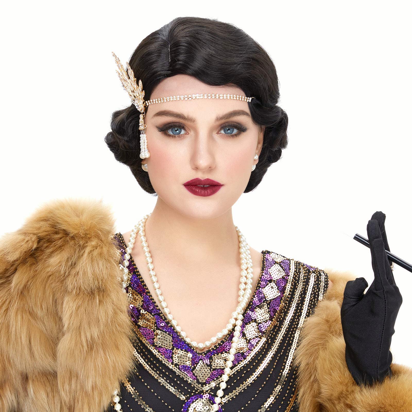 REEWES Short 1920s Finger Wave Wig - Curly Vintage Synthetic Full Wig for Women - Cosplay Costume Fancy Dress Flapper (Black) - Image 4