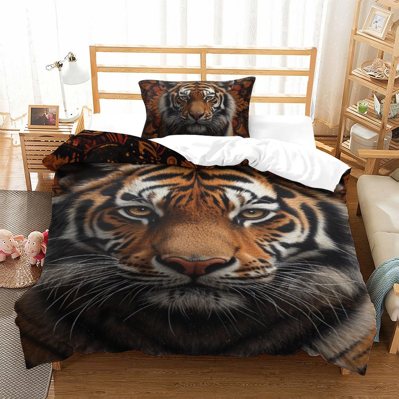 Housse de couette tigre 3D 135x200 microfibre avec 2 taies d'oreiller