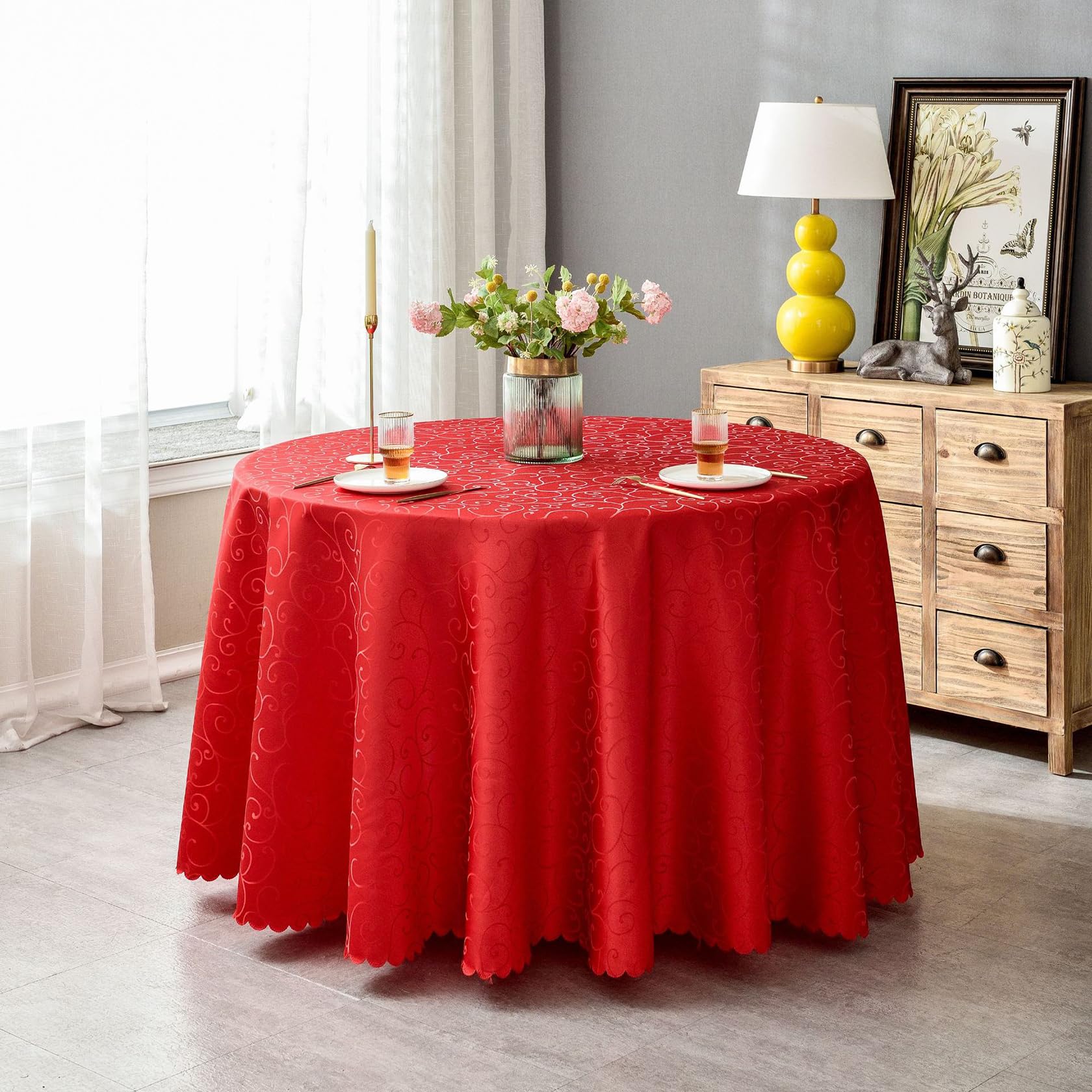 Mantel Jacquard Redondo Protege y Decora la Mesa Adecuado para el hogar, Hotel Restaurante, Banquete de Boda, reunión de Oficina Rojo Diámetro 260 cm