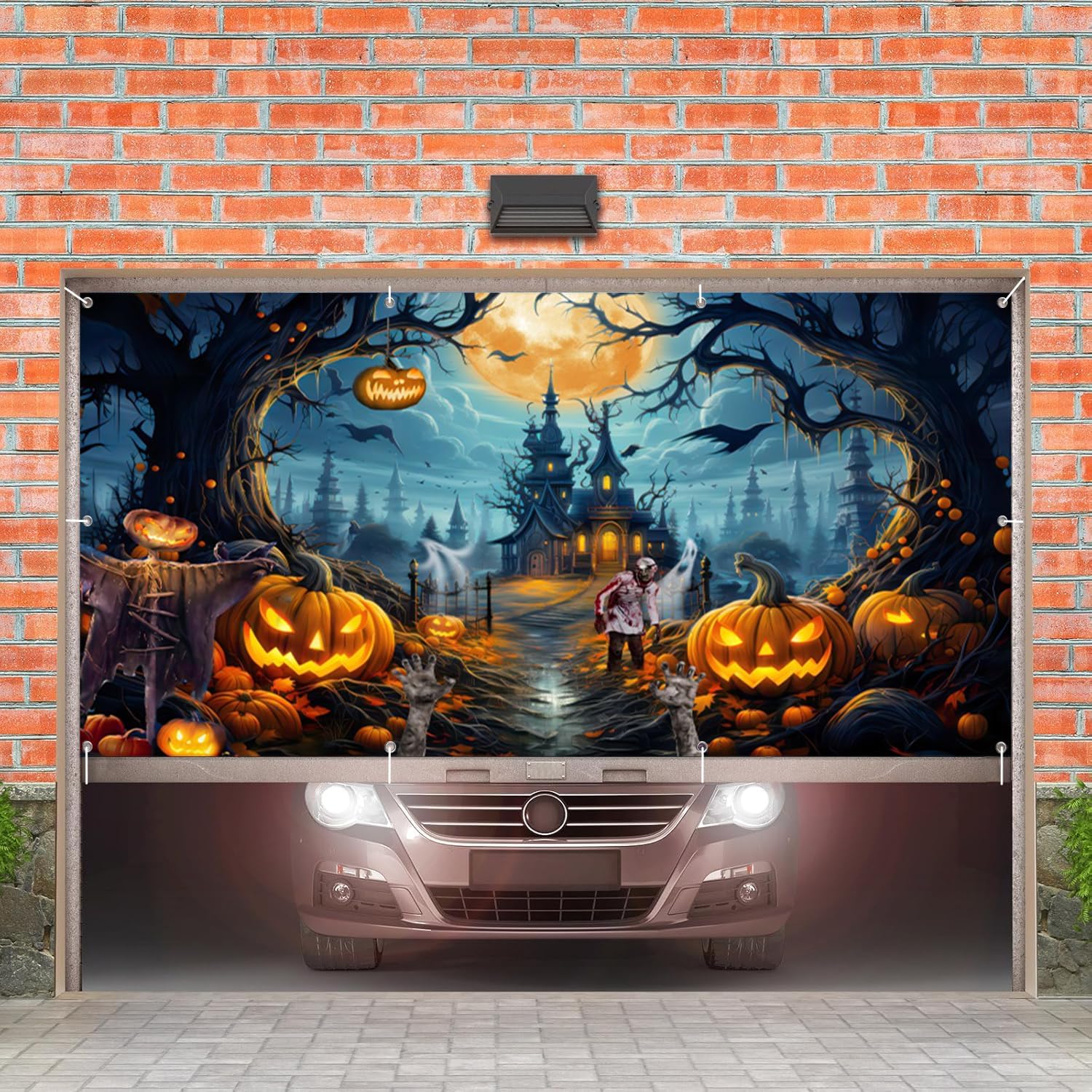 7x16 FT Garage Door Banner - Scary Night Full Moon Halloween Decorations - Large Castle Pumpkins Banner Backdrop