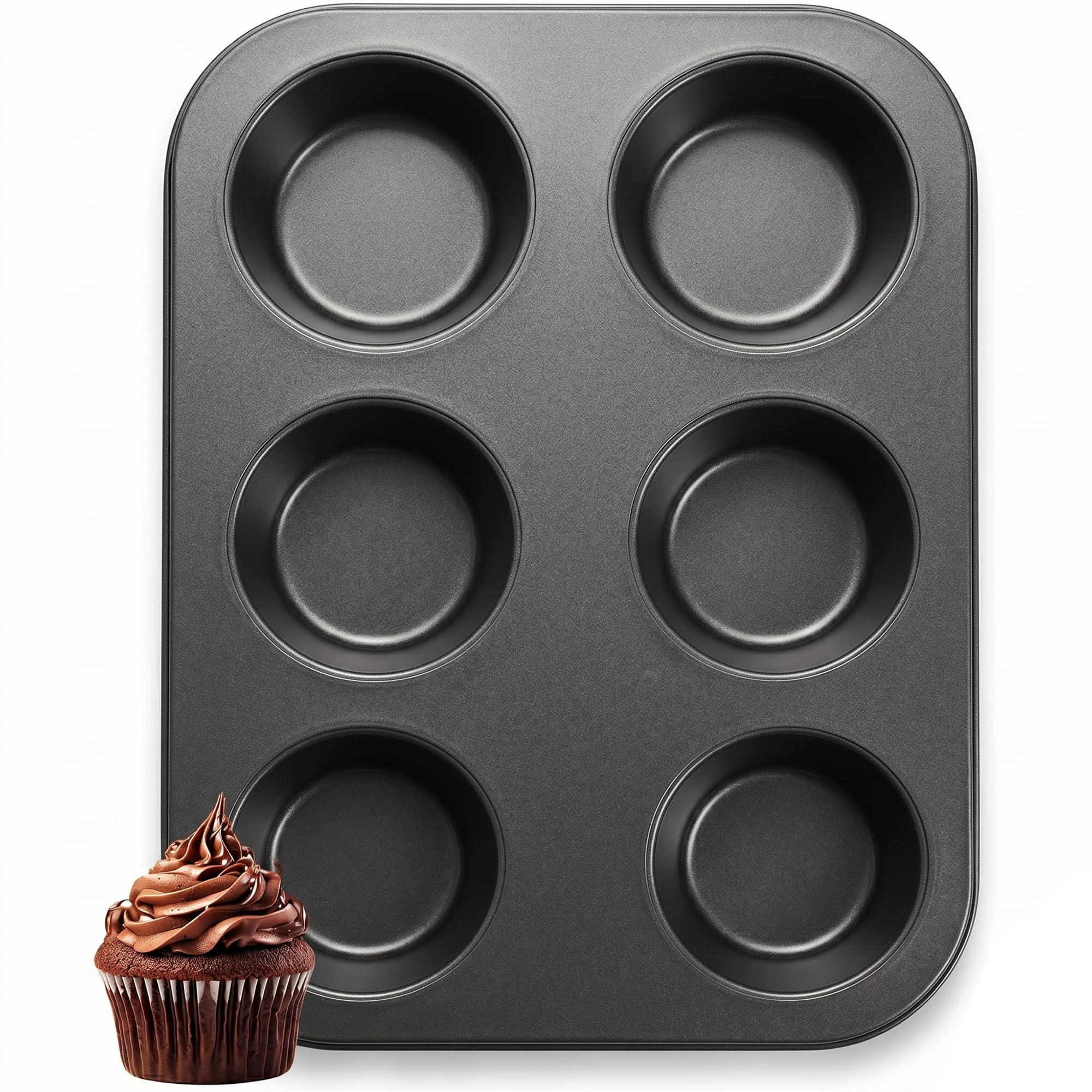 ANGIX 6 Cup Muffin Baking Tray | Black Nonstick Carbon Steel Material | 6 Baking Mold for Muffins or Cupcakes | Stain, Heat, Freeze-Resistant and Dis Washer Safe | Bakeware