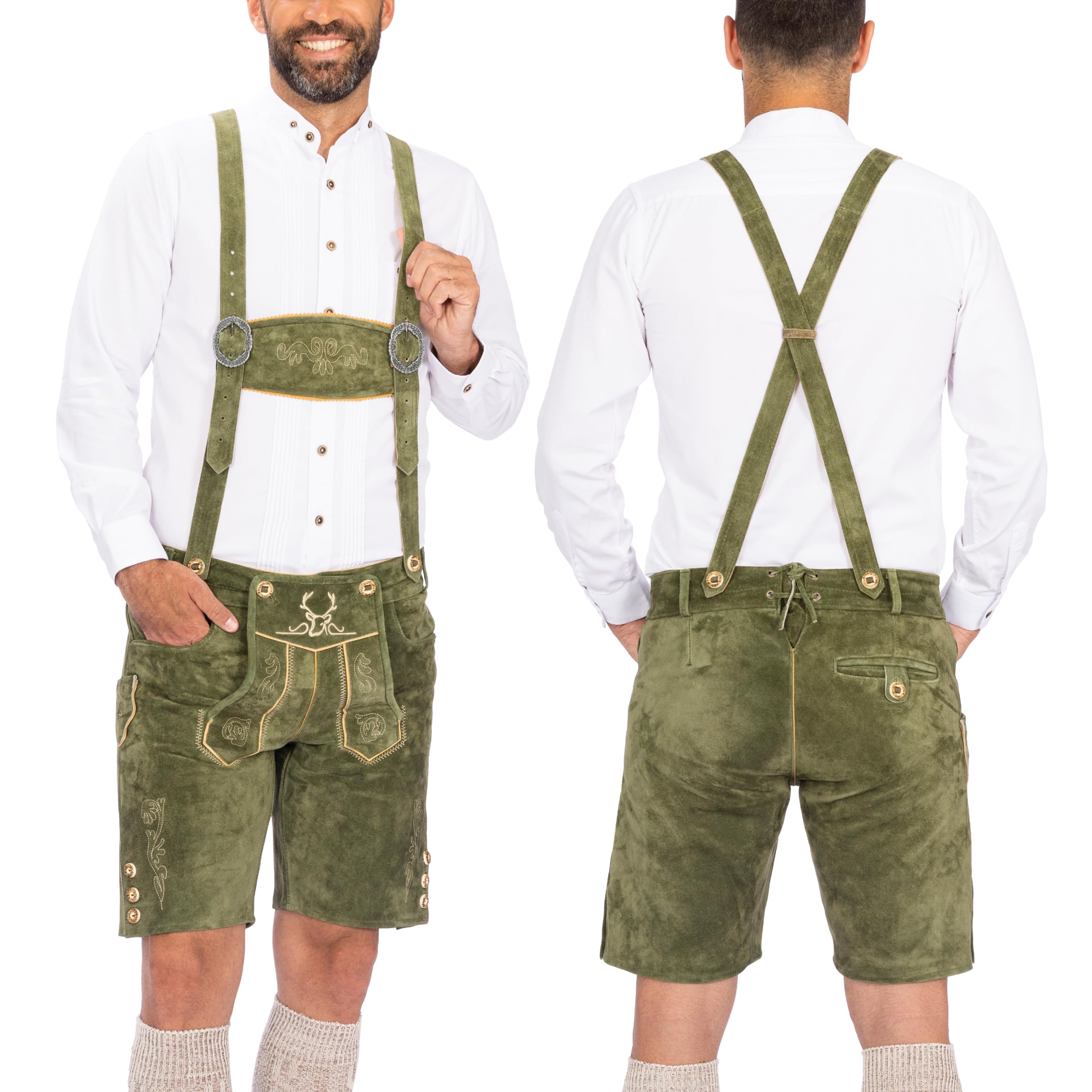 BAVARIA TRACHTEN Lederhosen Men Oktoberfest Costume, Genuine Leather German, Mushroom Brown Short, Green, White, Goat
