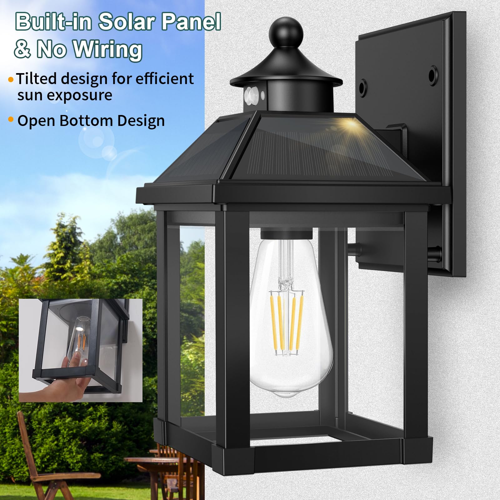 AEQ Solar Veranda Lichter Außen, Solar Wandleuchte Außen mit Bewegungssensor, Wasserdichte Wandleuchte mit Klarem Panel für Garage, Veranda, Hof, Haustür