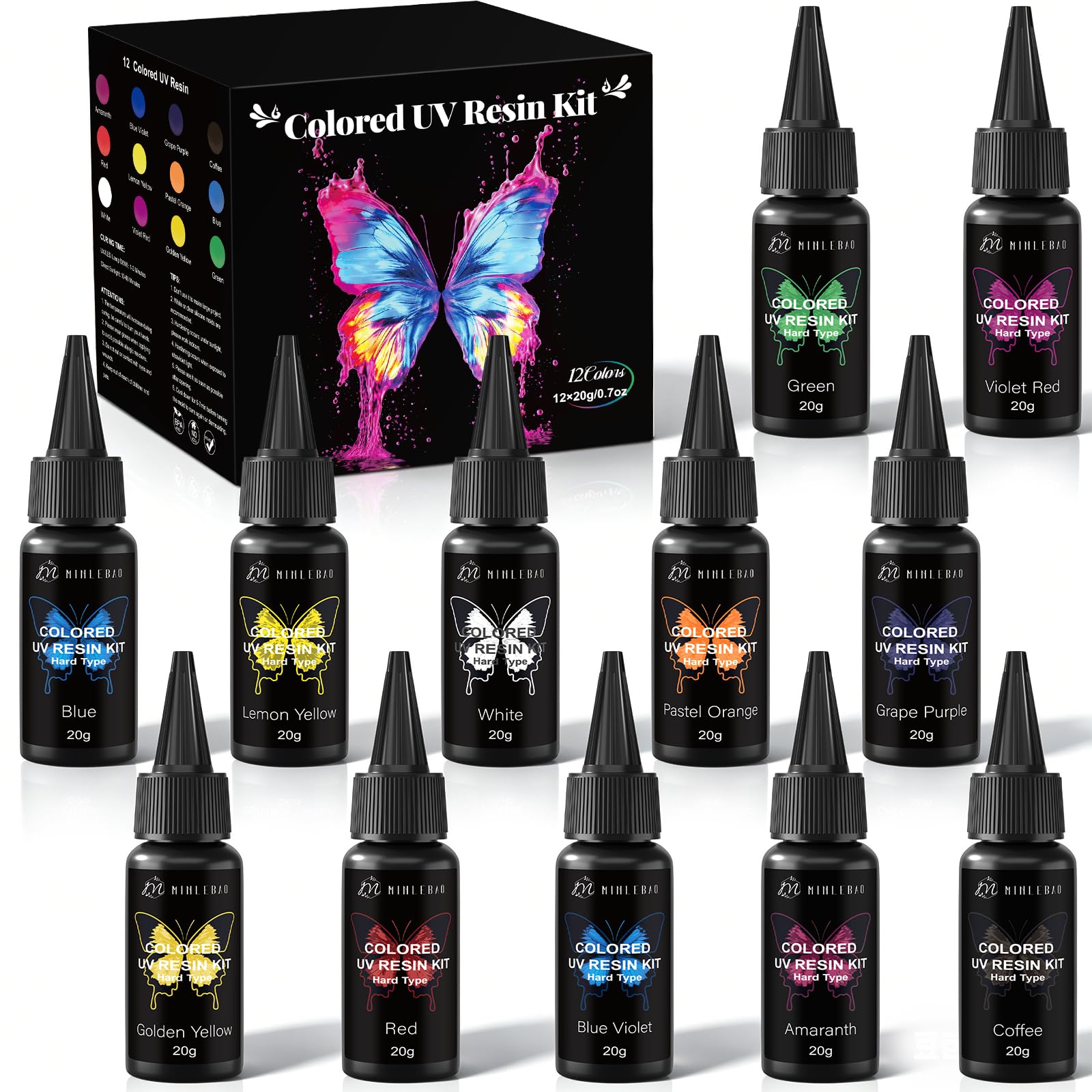 Minlebao Colors UV Resin Kit - Fast Curing Crystal Clear Epoxy Resin for Jewelry Making, DIY Crafts, Nail Art ，High-Hardness & Safety (20g/0.68oz Each) (12)