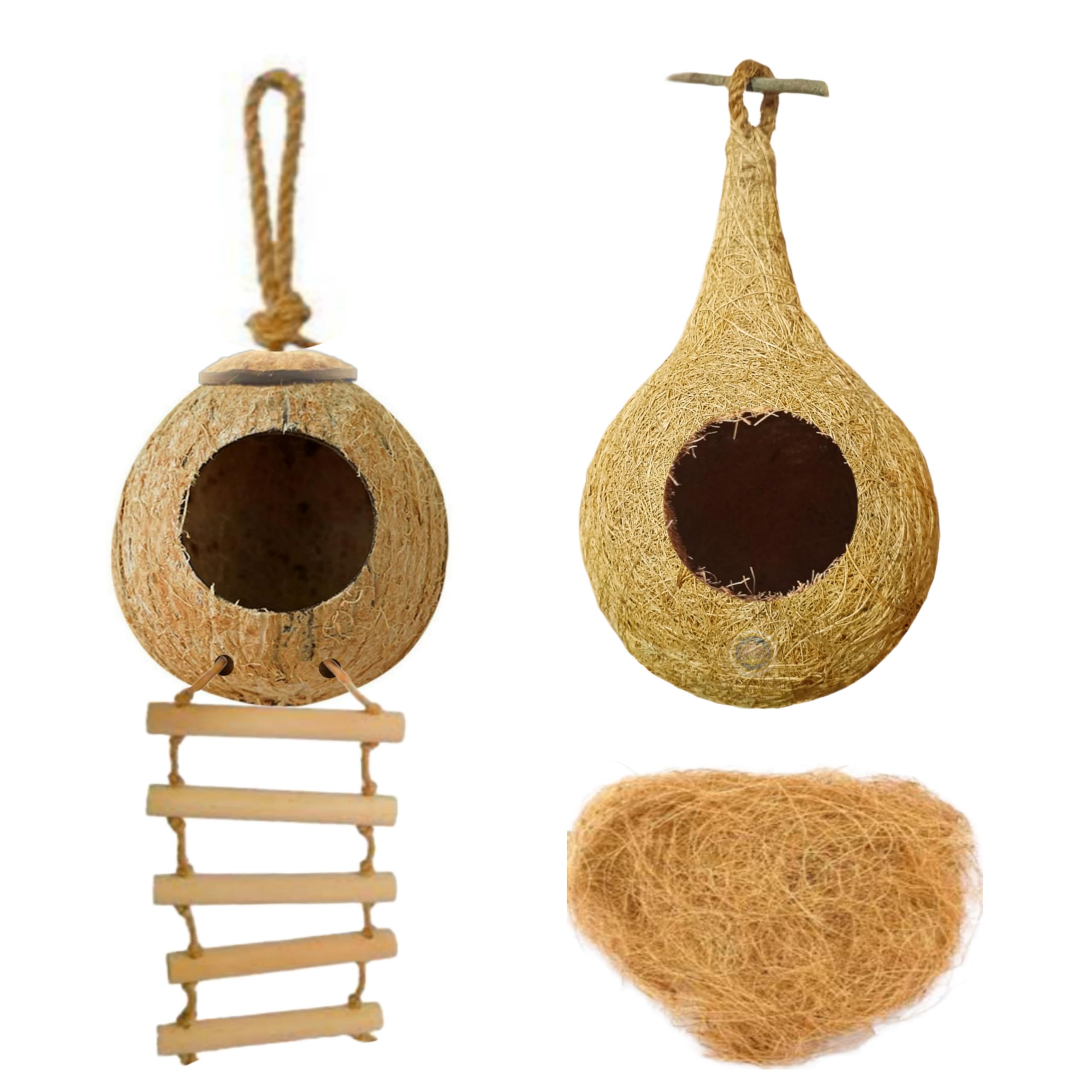 Organic Coco Fibre Bird House for Balcony and Coconut Shell Bird Nest with Ladder for Sparrow, Small Birds breeding (Pack of Coco Fiber Bird House & Coco Shell Bird House with Hanging Ladder/Fibre) (B0DDKTYH7Y) Amazon Price History, Amazon Price Tracker