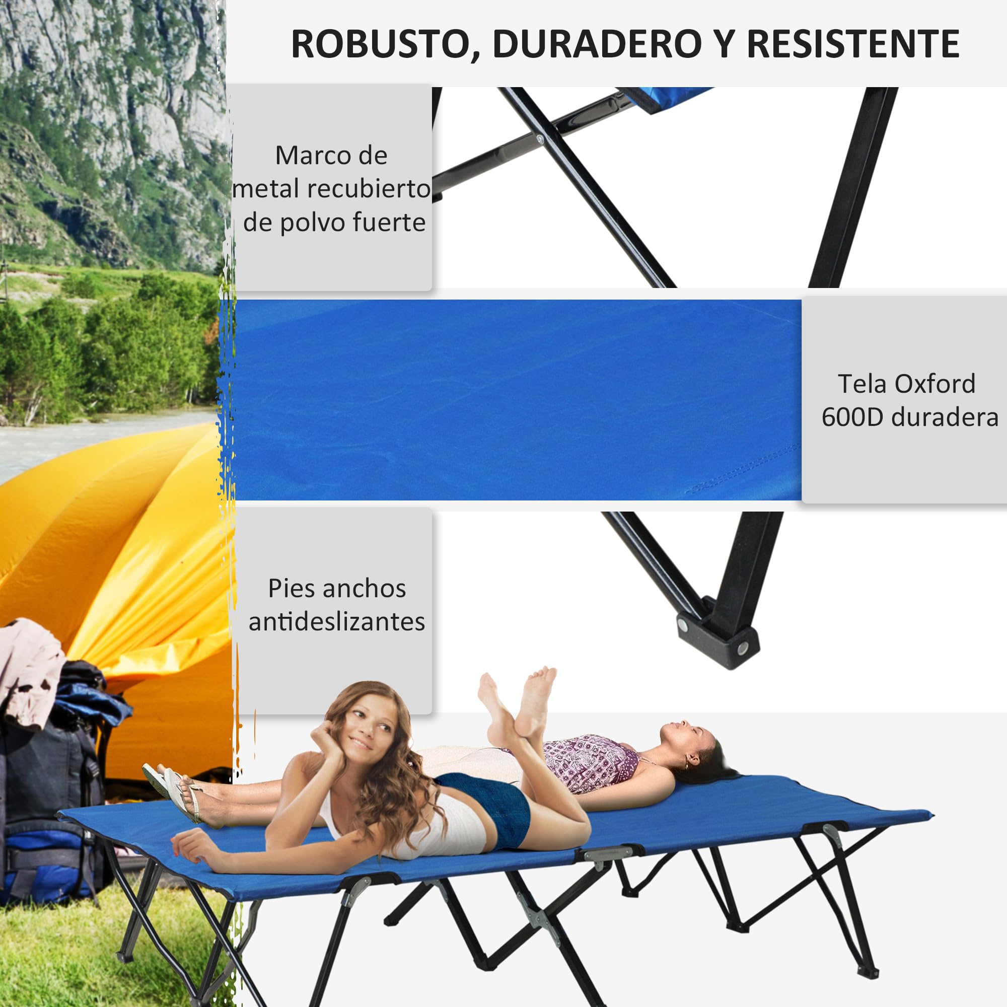 Outsunny Cama de Camping Plegable Cama de Acampada con Bolsa de Transporte y Marco Metálico Carga 136 kg para Playa Senderismo 193x125x40 cm Azul