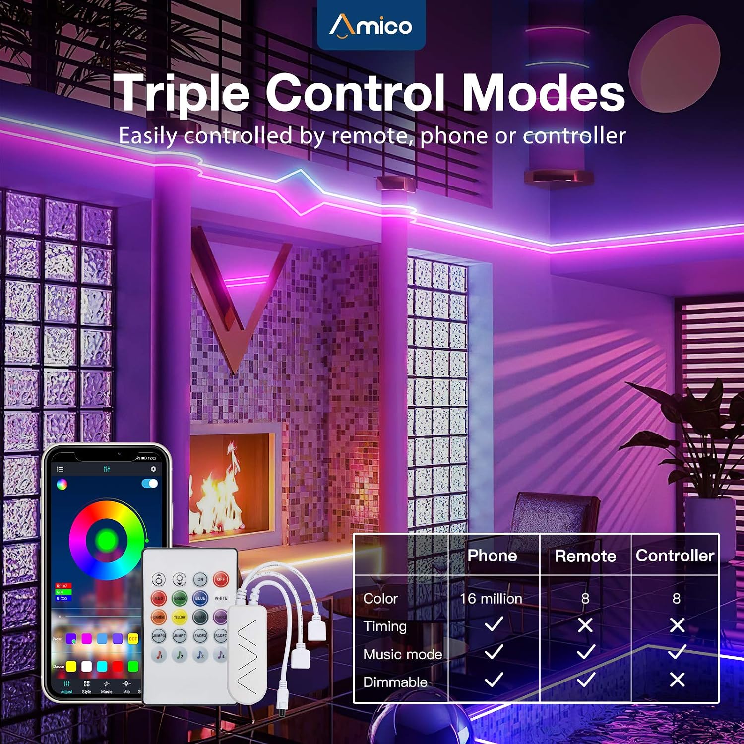 Amico LED Strip Lights 32.8ft RGB Music Sync Tape Light Color Changing Rope Lights with Remote APP Control DIY LED Lights for TV Kitchen Bedroom Party Bar Home Decoration