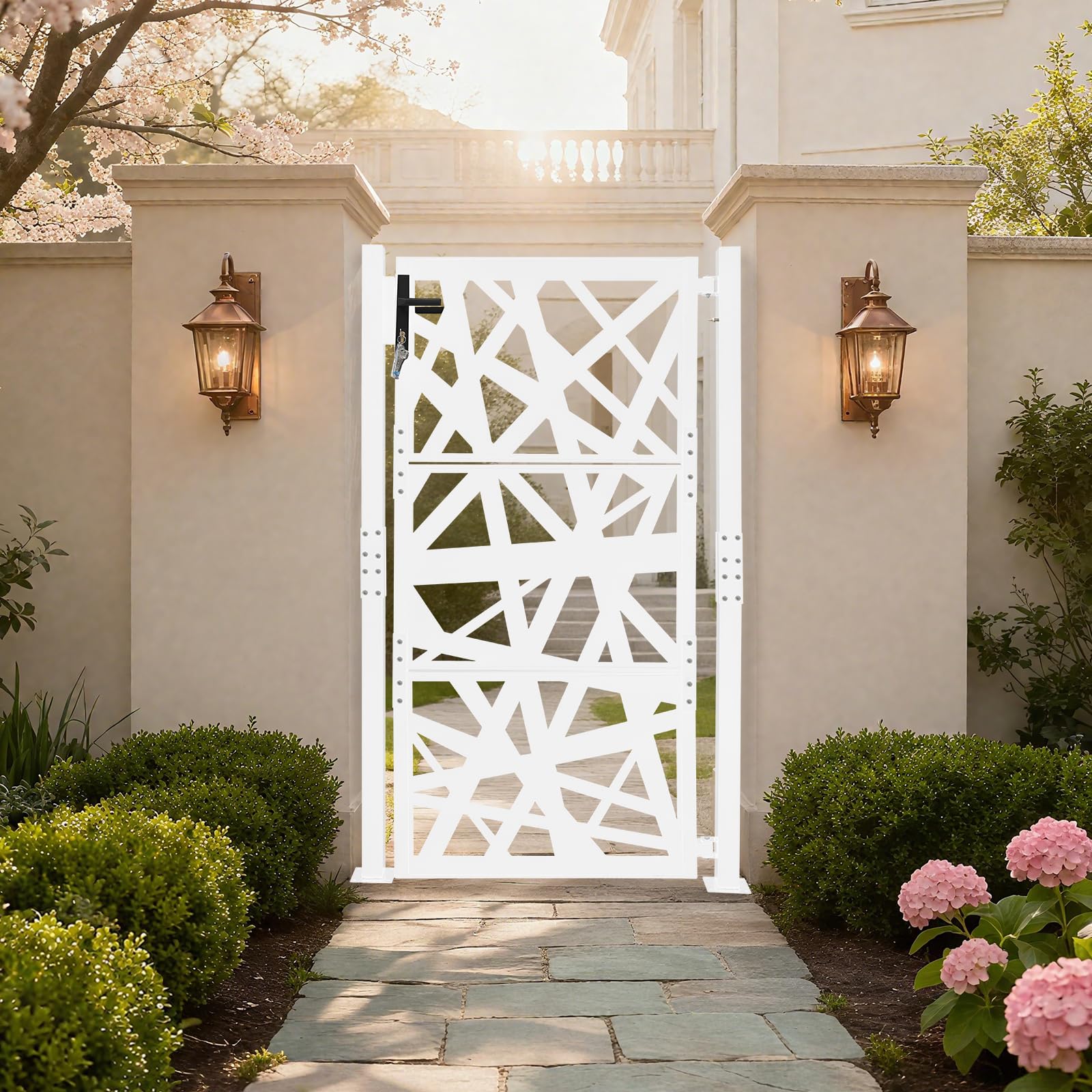 Puerta de jardín de 105 x 175 cm, doble columna, de metal, con cerradura, 7 llaves y apertura de 180°, resistente a la corrosión para jardín, terraza y seguridad para mascotas, color blanco