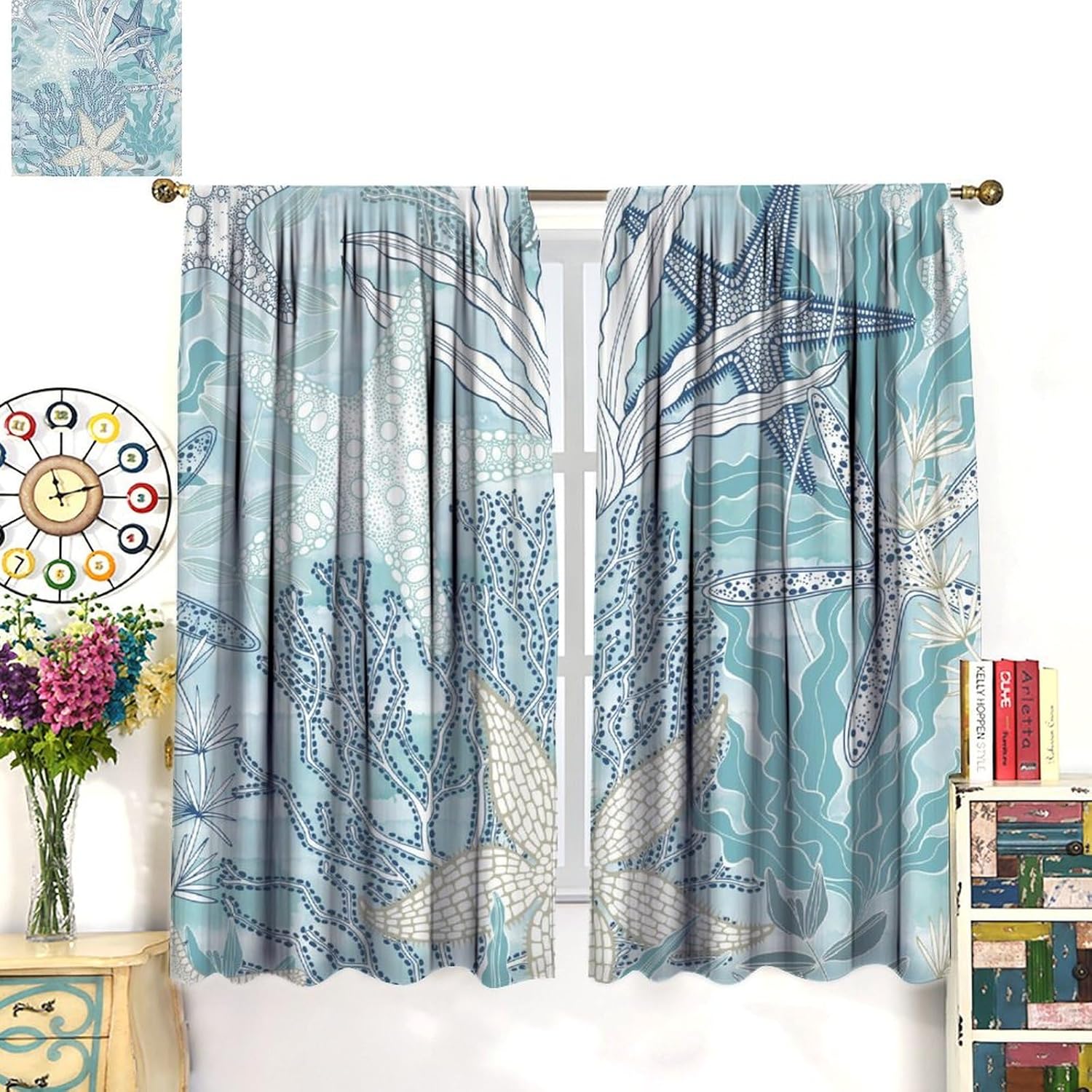Starfish Blackout Curtains Blue Conch Seashell Coral Underwater Plant Abstract Aesthetic for Kids Girls Boys Women Bedroom Living Room Rod Pocket Decoration Window Drapes 2 Panels W21xL45in