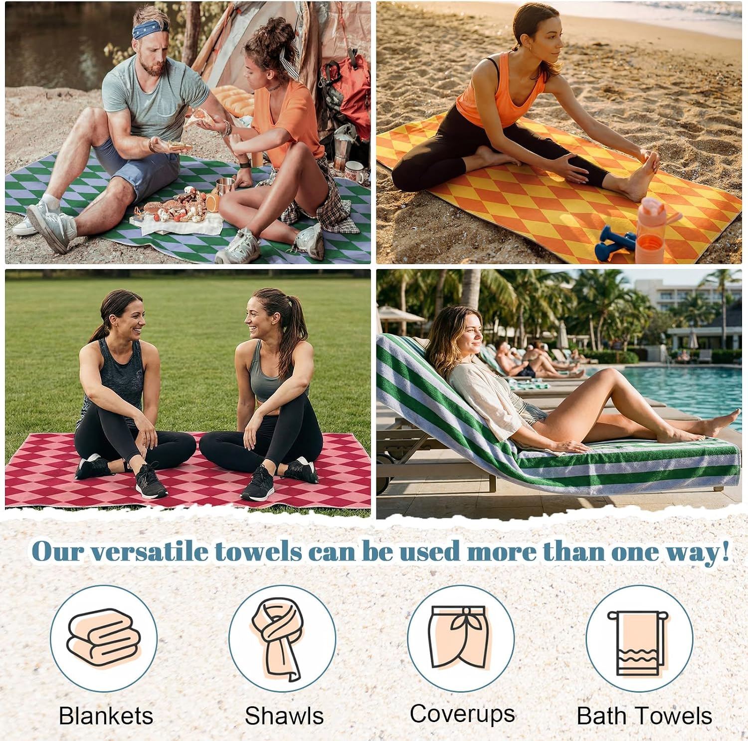 Peryiter 6 Pcs Oversized Summer Beach Towels Bulk, 36 x 72 Inch Striped Beach Towel, Checkered Bath Towels Set, Extra Large Pool Absorbent Soft Blanket, for Travel Swimming Vacation