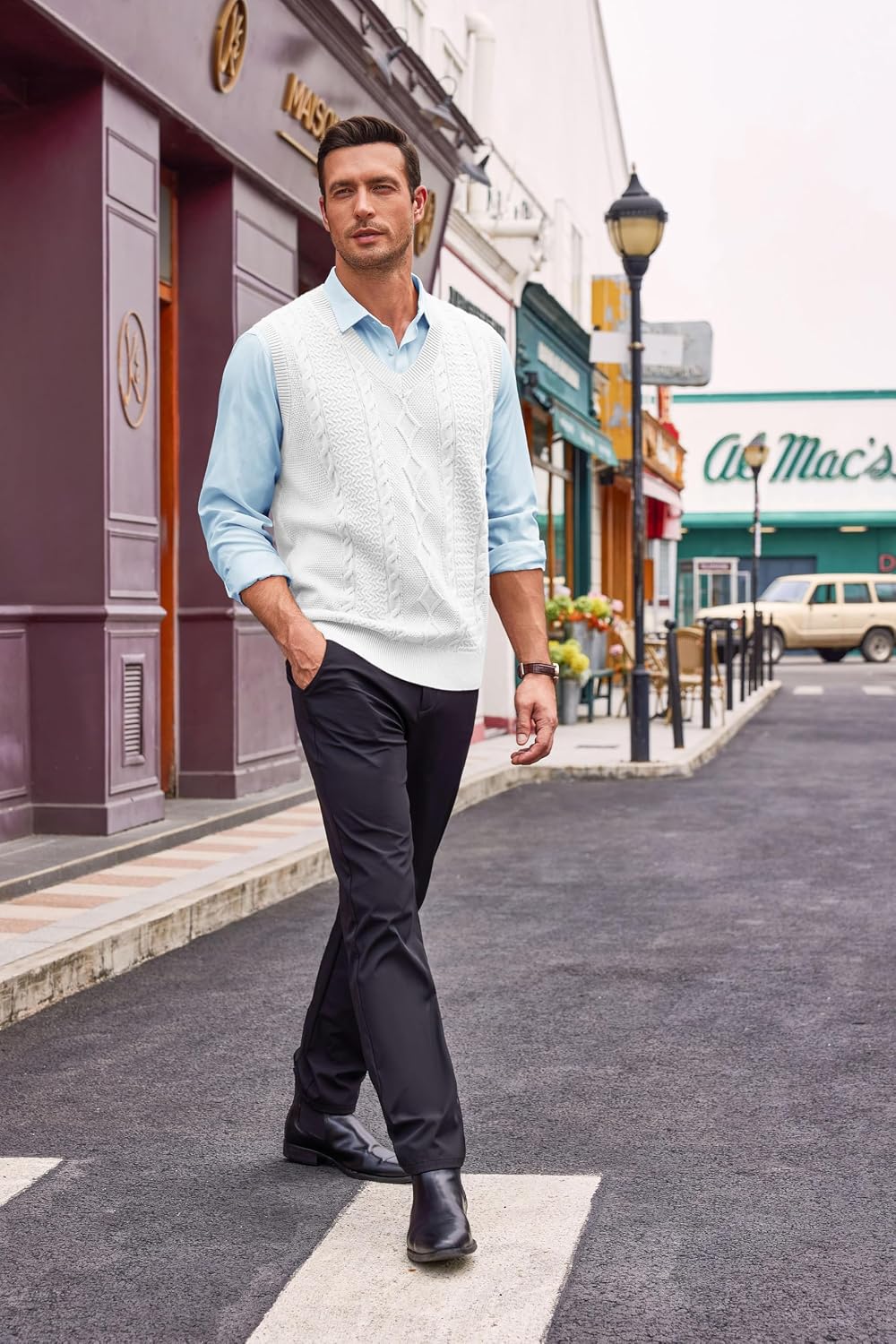 Runcati Mens V Neck Sweater Vest Casual Cable Knitted Pullover Knitwear Slim Fit Sleeveless Sweaters