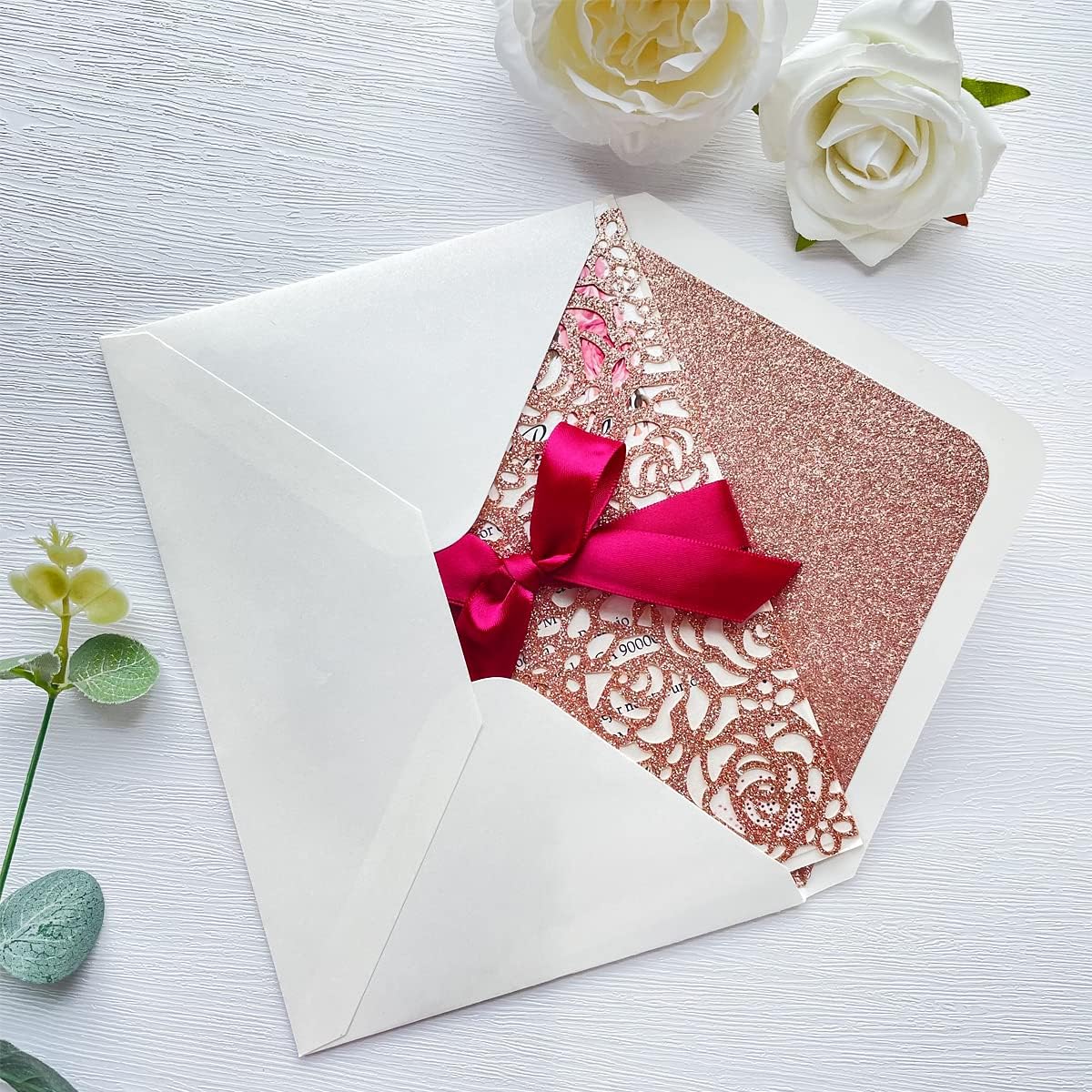50 PCS A7 Pearlescent Rose Gold Glitter Envelopes, 5.25 x 7.5 inches, Perfect for 5''x7'' Weddings Invitation Cards, Greeting Invite Envelope (Pearl Ivory + Rose Gold Glitter Liner)