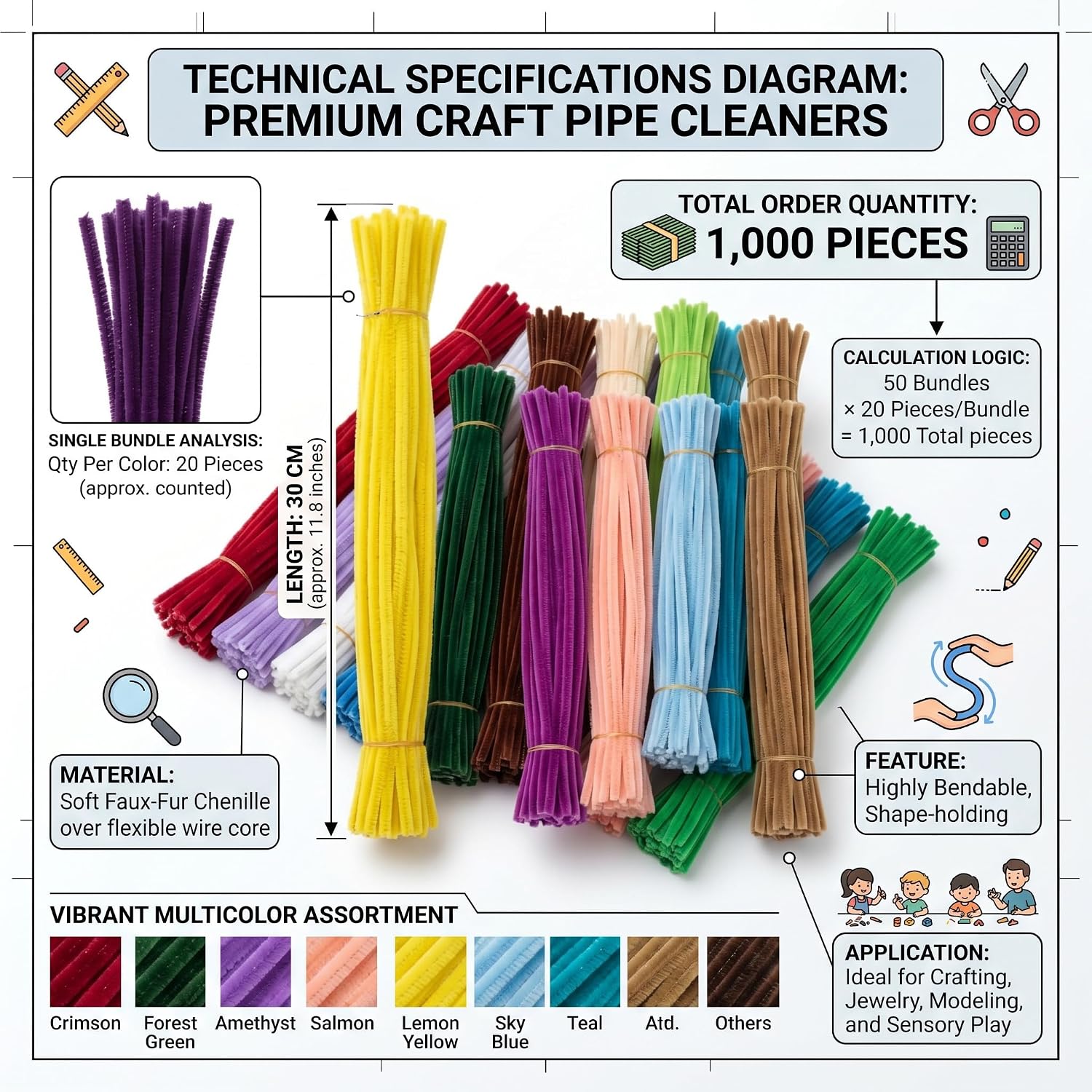 1000 Pcs Bulk Pipe Cleaners-20 Colors Chenille Stems for DIY Crafts&Florals