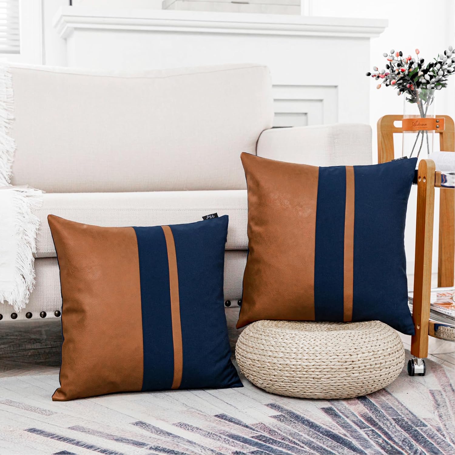 Set of 2 Navy and Brown Decorative Throw Pillow Covers 18x18 Inch Faux Leather and Cotton Patchwork Pillow Cover,Modern Farmhouse Accent Pillow Case for Living Room Couch Bed Boho Decor - Image 3
