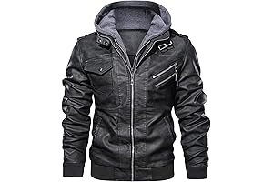 JYG Men's Faux Leather Jacket, Stylish Motorcycle Bomber Jacket with Detachable Hood