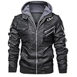 Men's Faux Leather Jacket Stand Collar Motorcycle Bomber Jackets with Removable Hood