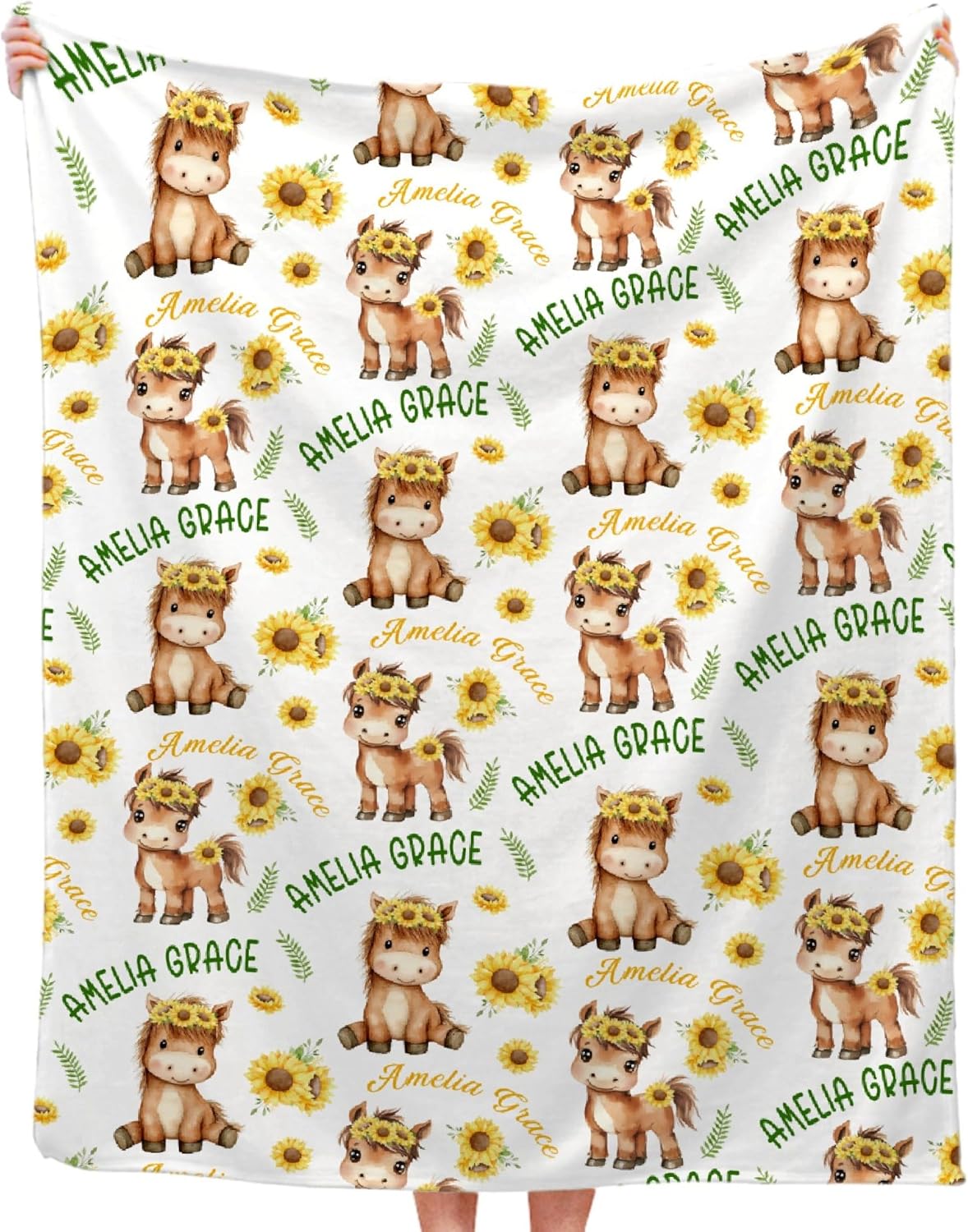 Personalized Sunflower Horse Blanket Gifts Custom Name Blanket Super Soft Lightweight Flannel Blankets Throw for Kids Adult, Suitable for Couch Sofa Bed Travel All Seasons 50"x60" for Teen