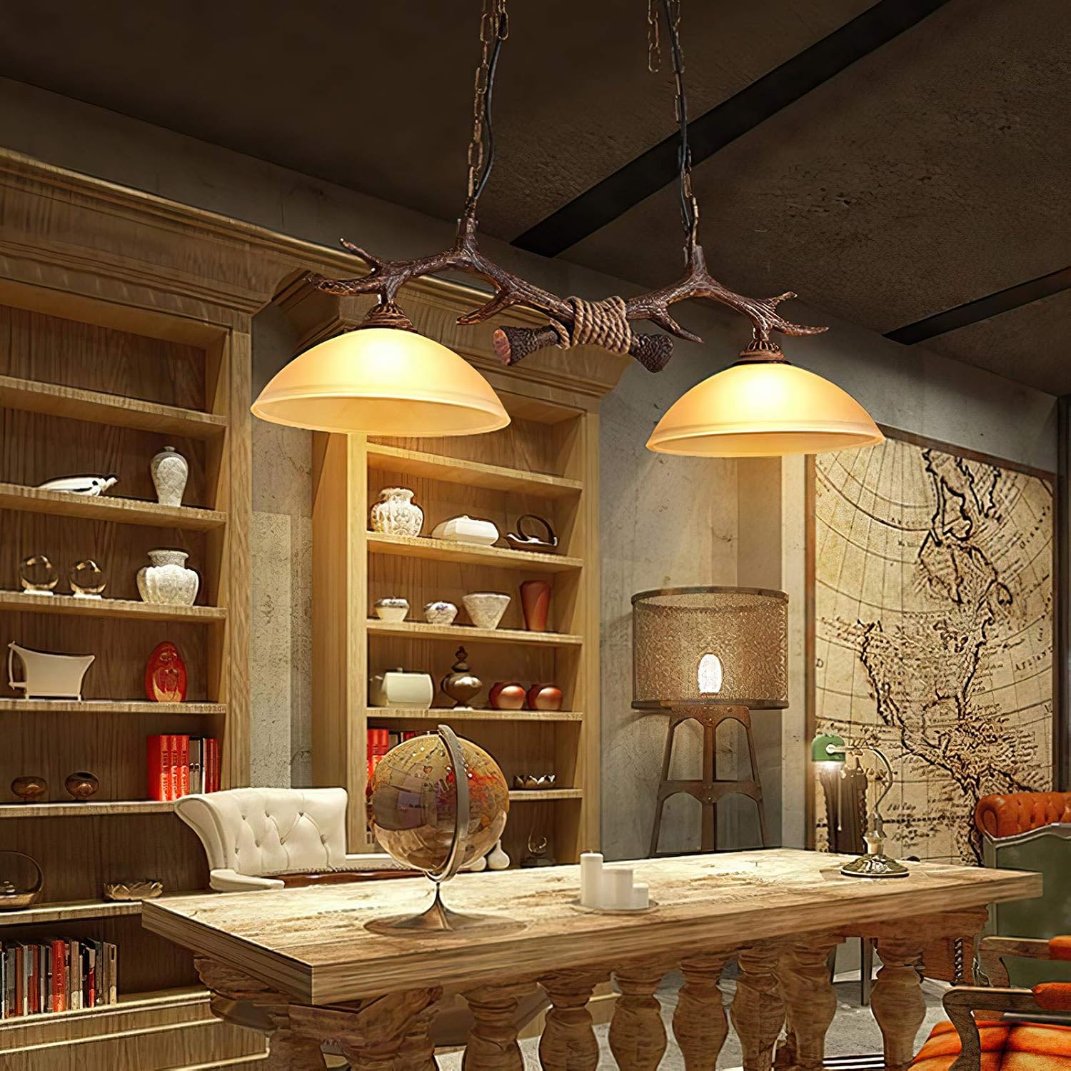 Flash Deals - 50% OFF 2 Lamps Antler Chandelier Rustic Retro Chandelier Faux Resin Antler Ceiling Light Fixture Frosted Glass Light for Kitchen Dining Room Farmhouse Restaurant Island Bedroom Loft Aisle
