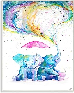 Stupell Industries Rainbow Watercolor Spraying Elephants with Pink Umbrella Wall Plaque, 10 x 15, Multi-Color