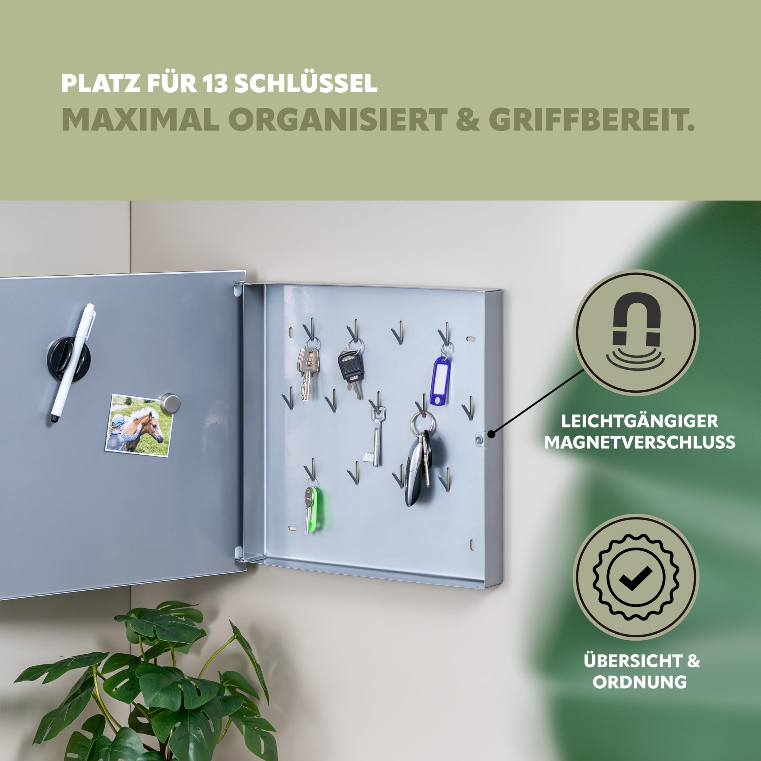 bremermann Schlüsselkasten XL mit Glasfront, beschreibbar, 13 Haken, 6 Magnete, 1 Marker, 1 Marker-Halter, Korpus aus Metall grau pulverbeschichtet (Weiß)