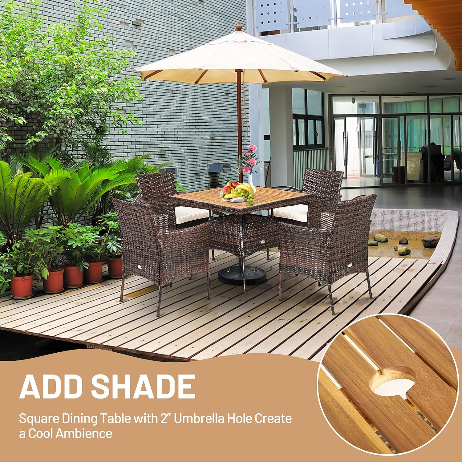 DORTALA Patio Dining Furniture Set for 4, 5 Piece All-Weather PE Rattan & Acacia Wood Outdoor Table and Chairs with Umbrella Hole, Cushions for Backyard Poolside