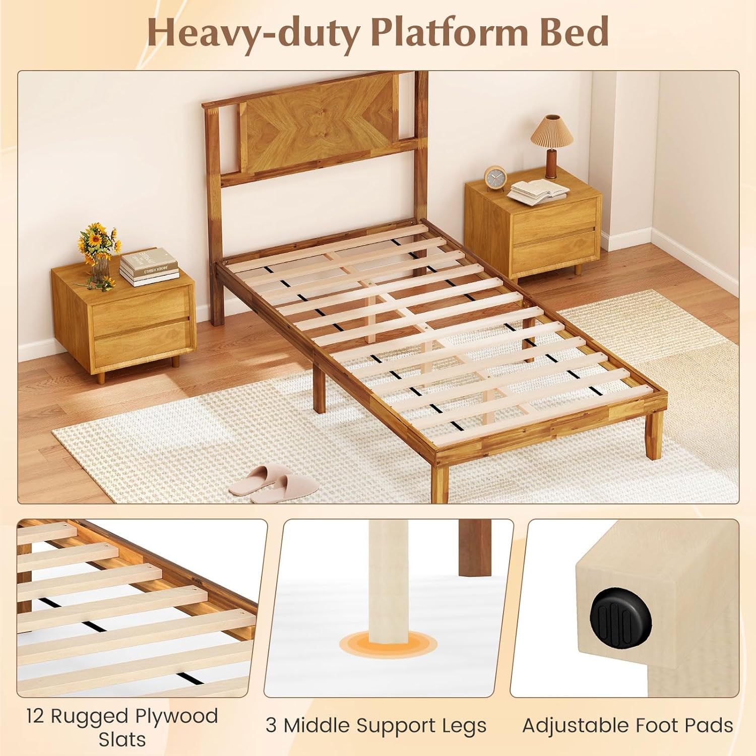 Giantex Wood Twin Bed Frames with Headboard, Mid-Century Modern Acacia Wood Platform Bed, Wooden Slats Support, Twin Bed Frames for Kids Adults Guests, No Box Spring Needed, Caramel