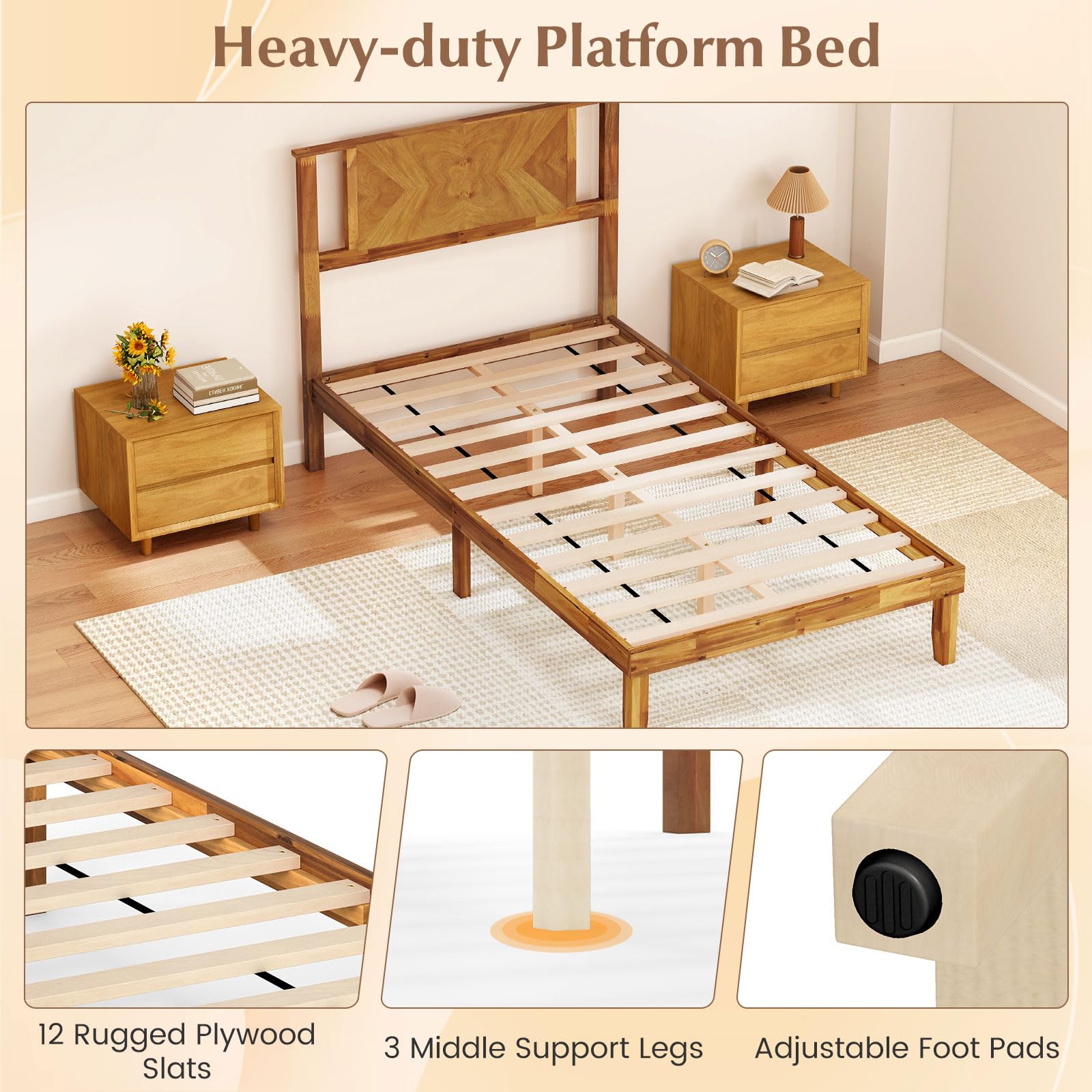 Giantex Full Size Acacia Wood Platform Bed Frame, Mid-Century Modern Bed Frame with Headboard, Wooden Slats Support, Under-Bed Space, No Box Spring Needed, Easy Assembly, Caramel: Twin Mid-Century Modern