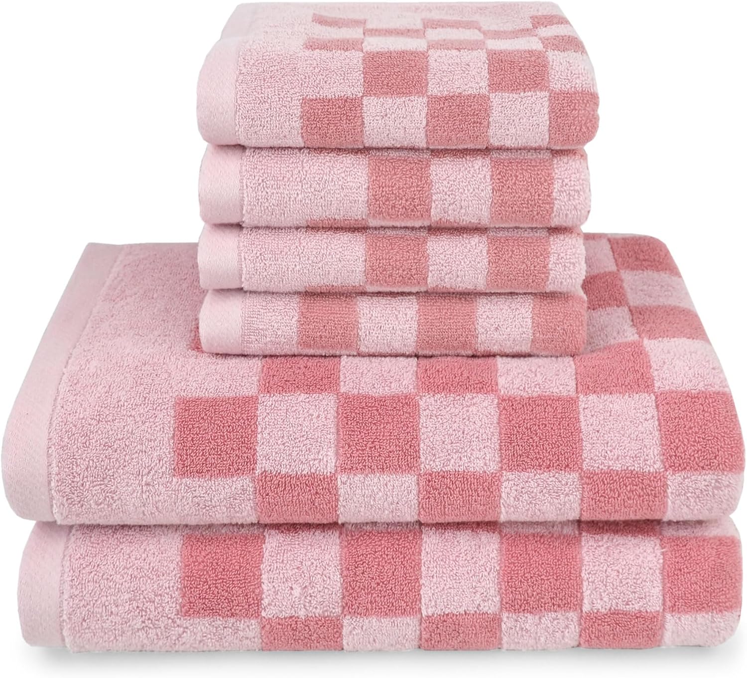 Pink Bathroom Towels Set of 6, Checkered Bath Towels 2-Pack and Hand Towels 4-Pack, Cotton Absorbent Towels for Girls Women