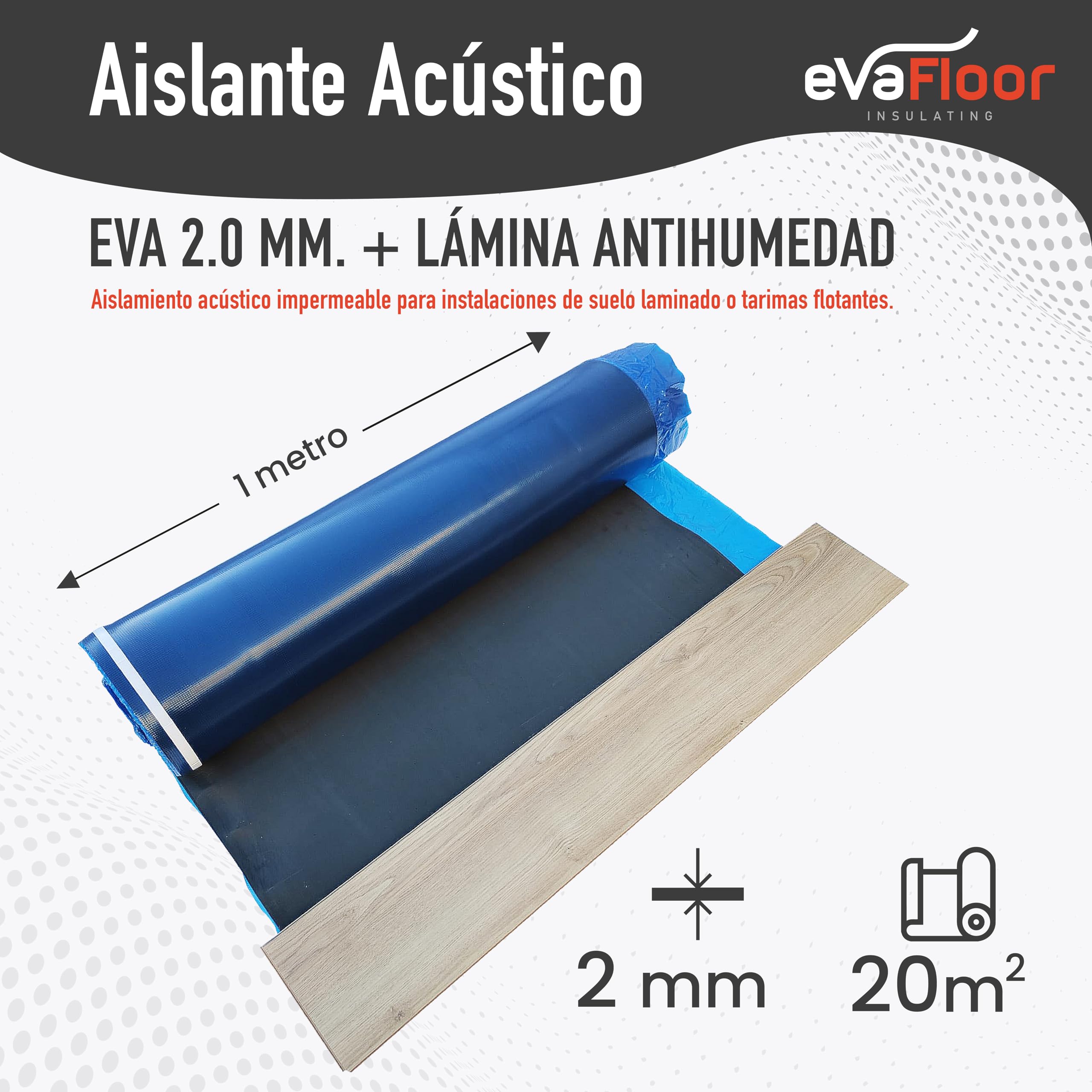 Aislante Suelo Laminado 1x20 metros | Base Aislante Suelo Laminado Antihumedad | Fabricado con base de Eva 2mm + Lámina Antihumedad | Incluye Adhesivo
