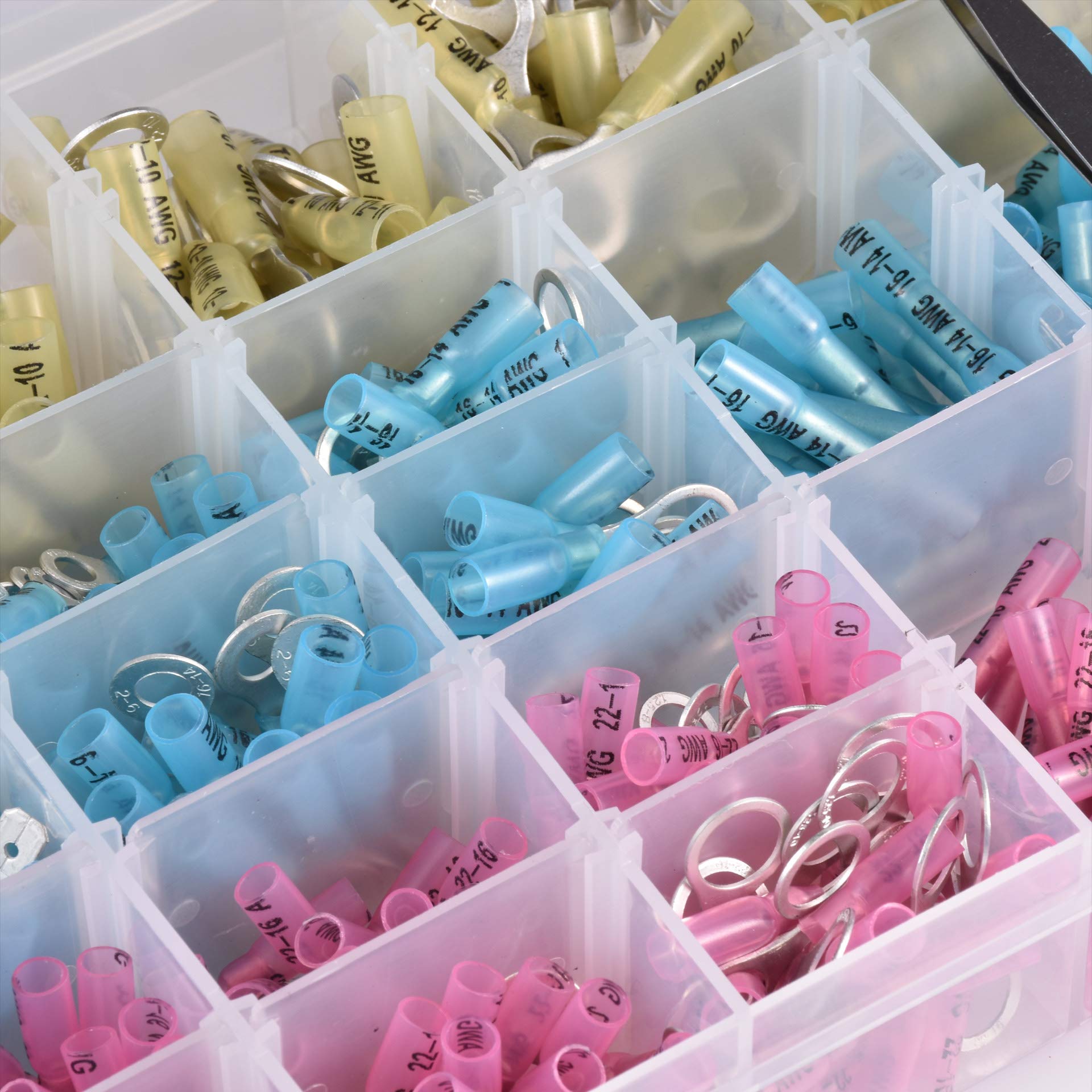 KATUR 480pcs Kit de connecteur de câble thermorétrécissable, Connecteurs de fils électriques isolés, Connecteurs Kit d'assortiment de cosses à bouts plats (Roug/Bleu/Jaune, différentes tailles)