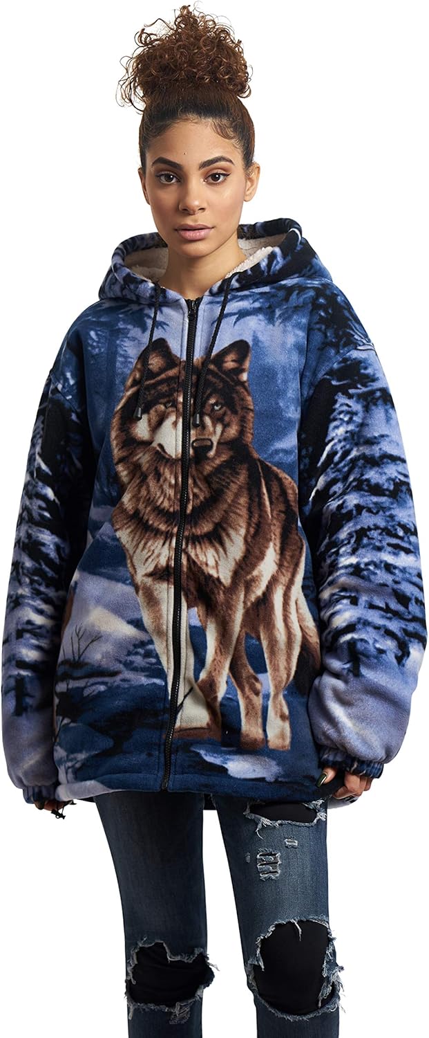 Men Women's Hoodie Sweatshirt Zip up Sherpa Lined Fleece Animal Jacket Wildkind