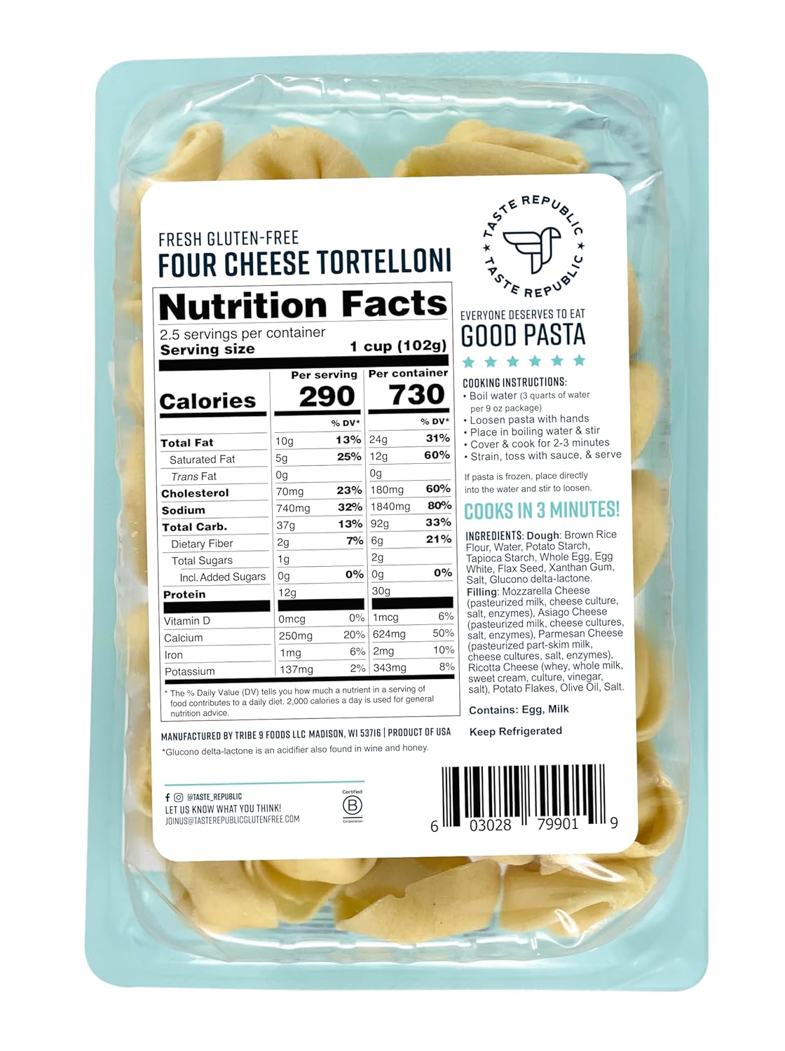 Gluten-Free Tortelloni, Four Cheese Stuffed Fresh Pasta, Cooks in Just 3 Minutes, Taste Republic, Frozen, 9oz (Pack of 6)