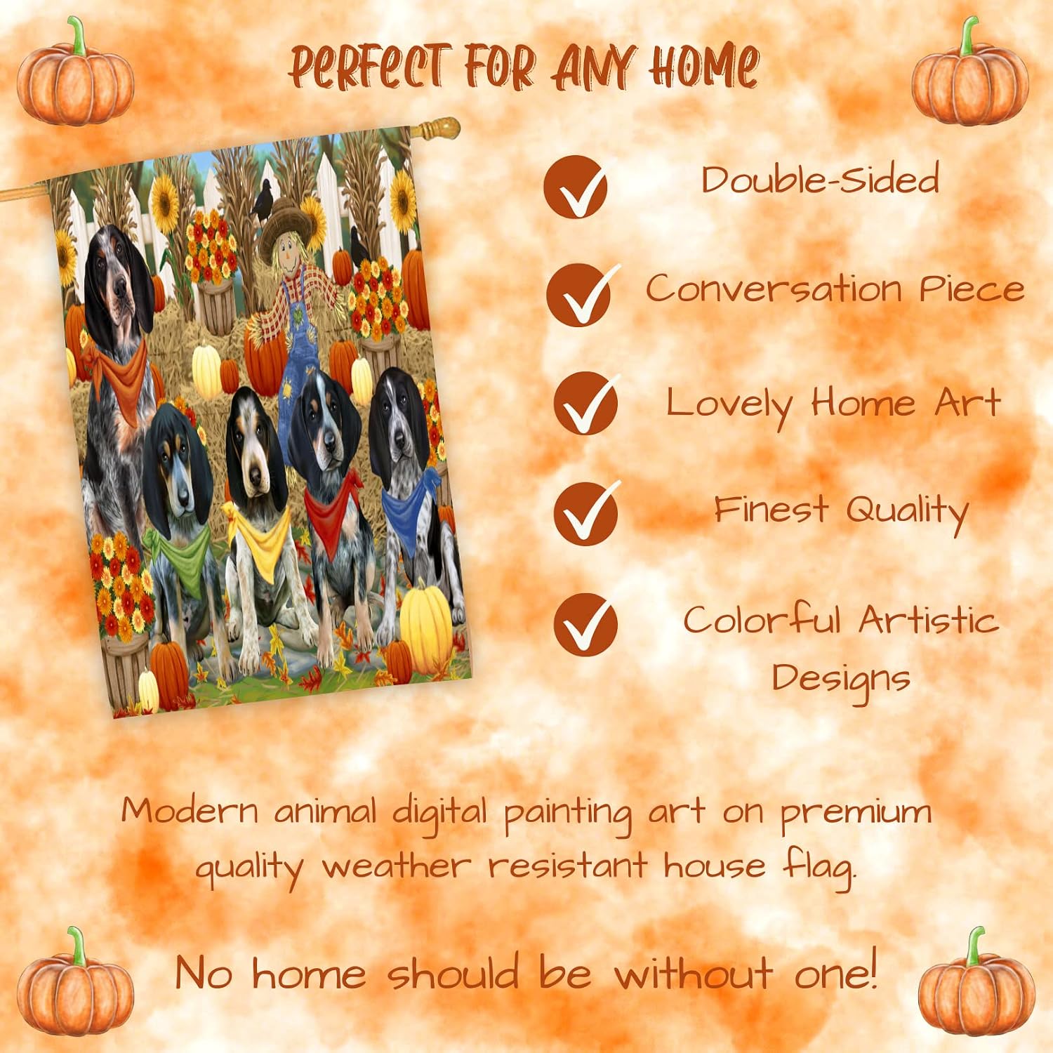 Fall Festival Bluetick Coonhound House Flag 28x40 Double Sided – Dog Mom with 4 Puppies, Scarecrow, Black Crows, Pumpkins & Fall Flowers – Outdoor Autumn Flag