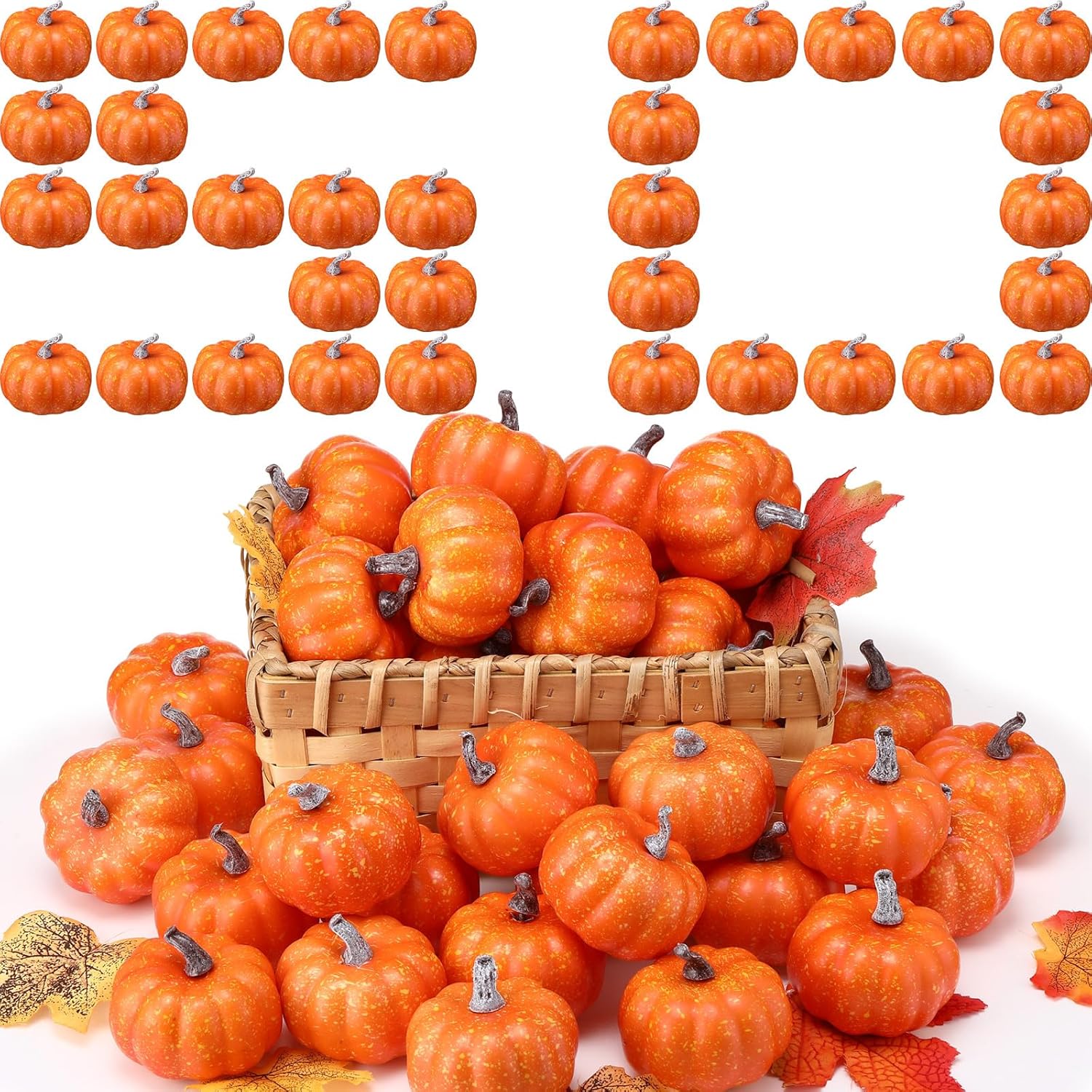 Liliful 50 Pcs 3.15 Inch Fall Artificial Pumpkins Fake Pumpkins Bulk Pumpkin Decor Fall Harvest Lifelike Pumpkin Foam Pumpkin for Autumn Halloween Thanksgiving Table Home Kitchen Decorations(Orange)