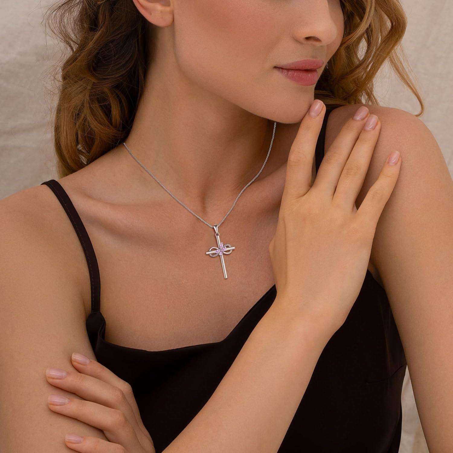 JO WISDOM Cross Necklace for Women 925 Sterling Silver Cubic Zirconia Butterfly Birthstone Necklace Pendant Jewelry Gifts for Women