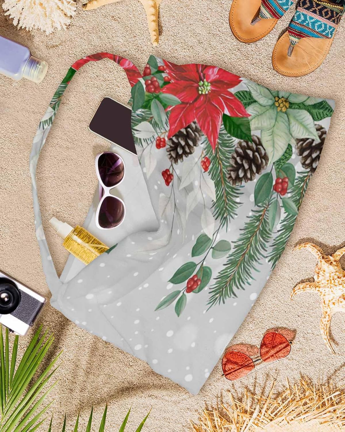 Christmas Beach Pool Patio Lounge Chaise Chair Cover Towel With Pockets,Absorbent & Quick Dry Microfiber Towel Cover Bag Summer Accessories for Sunbathing Winter Snowy Xmas Poinsettia Eucalyptus Grey