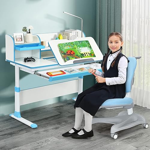 Miniatura 2 de Costzon Escritorio para niños, 48 x 24 x 33 - 43 pulgadas, escritorio de estudio de altura ajustable con cajón, escritorio inclinado, estuche de