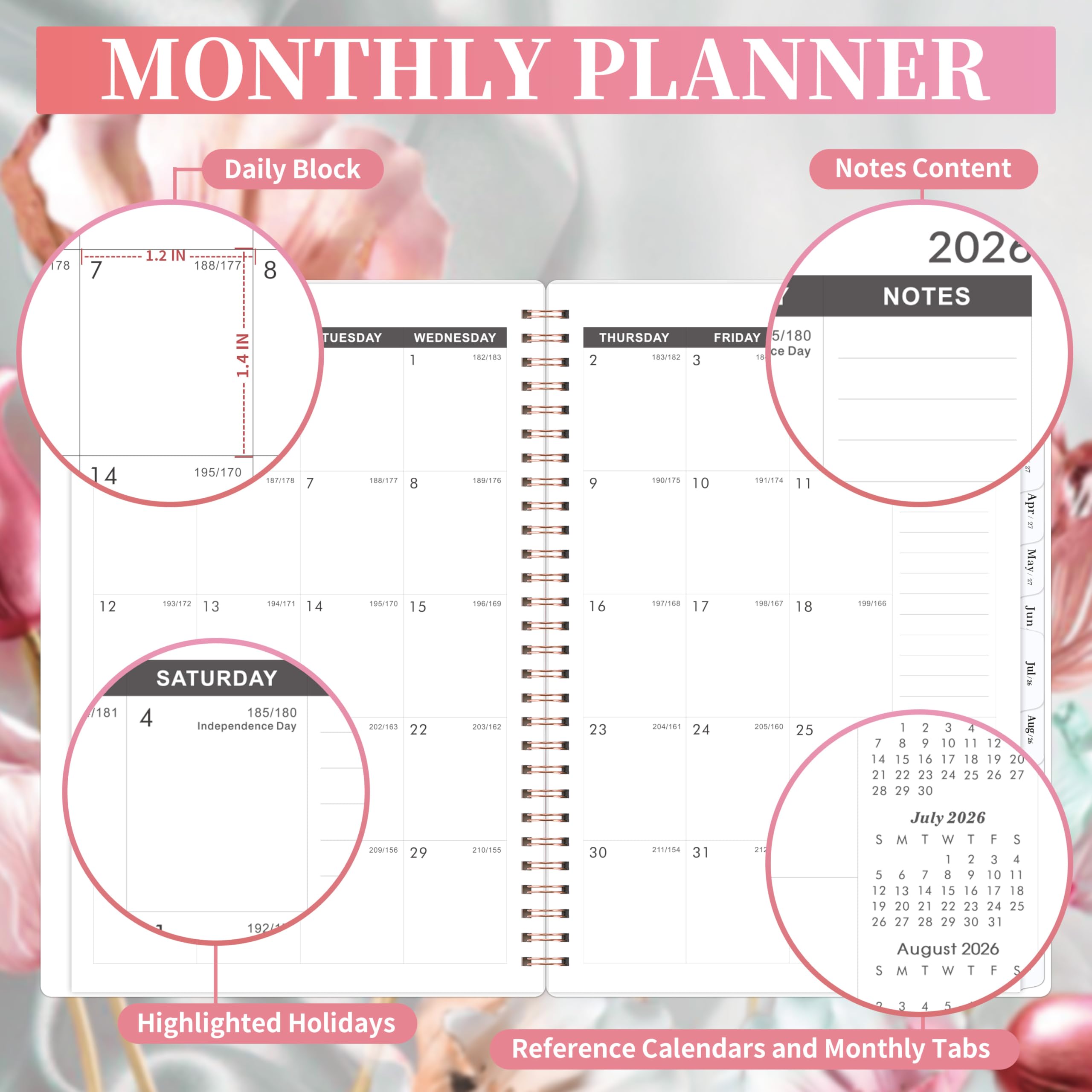 Agenda mensuel 2026-2031 - Planificateur 5 ans 2026-2031 - Reliure à spirales - Juillet 2026 à juin 2031 - Planificateur 16,3 x 21,6 cm avec onglets, calendrier de 60 mois, poche double face - Fleur