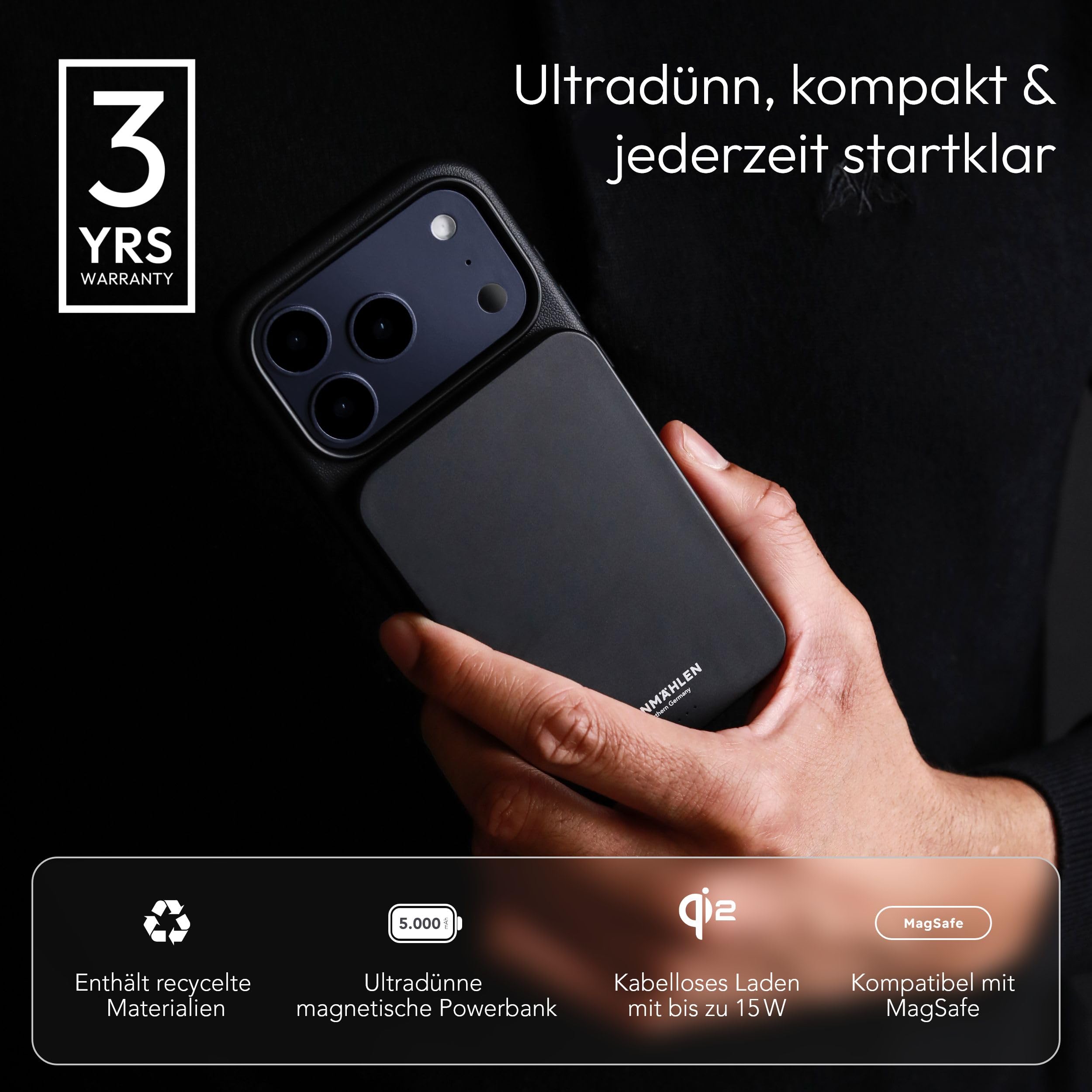 VONMÄHLEN Evergreen Mag - Wireless Powerbank (Qi2) 5.000 mAh, Schwarz
