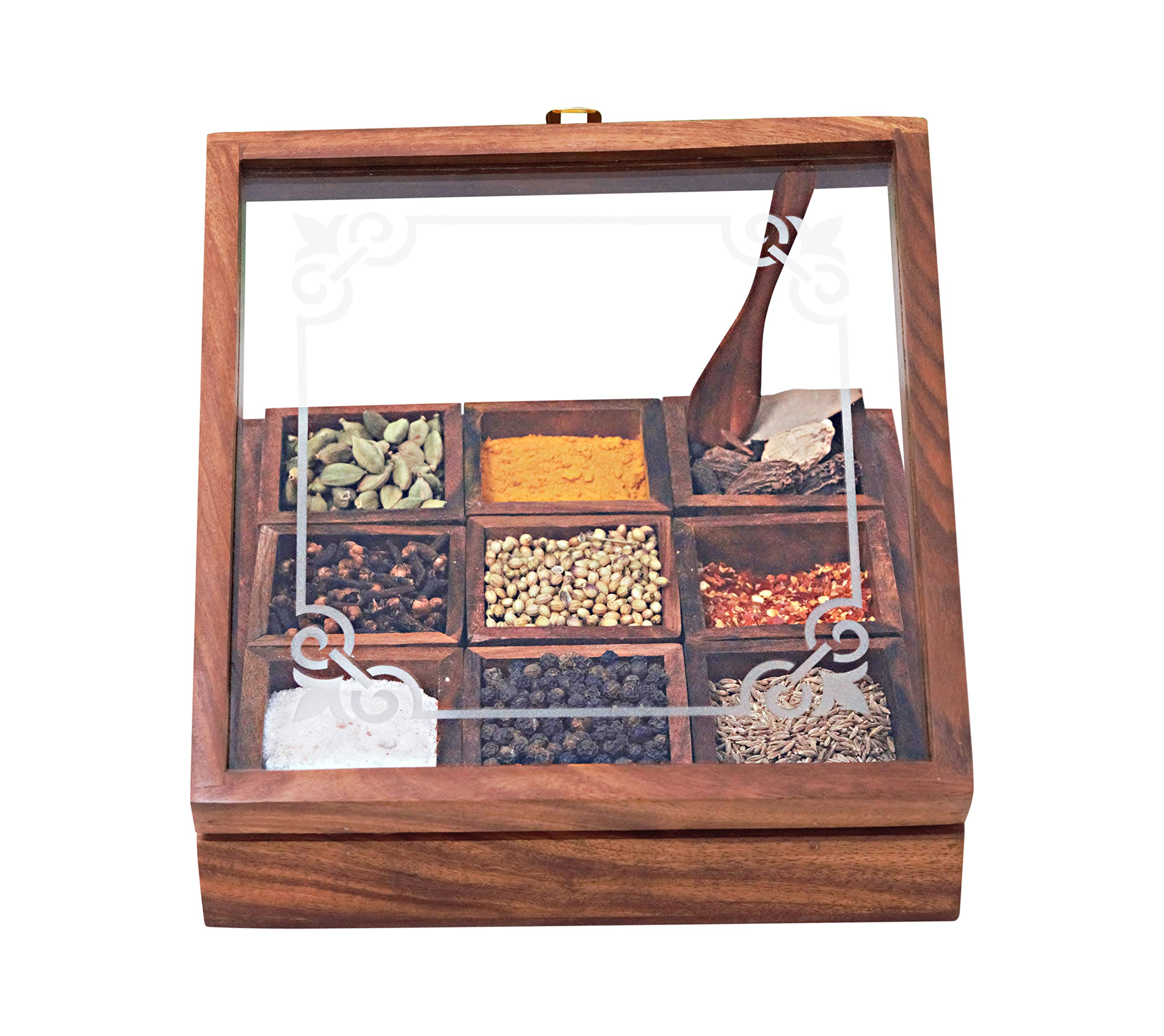 Woodiva Aufbewahrungsbox für Gewürze aus Holz für Küchenbehälter mit Löffel (9 Behälter)