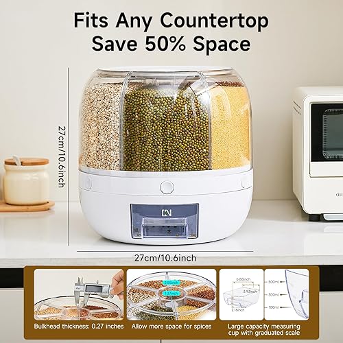 Miniatura 7 de Dispensador de arroz Contenedor de almacenamiento de granos giratorio de 360 6 rejillas, contenedor de alimentos de gran capacidad de 20 libras, a