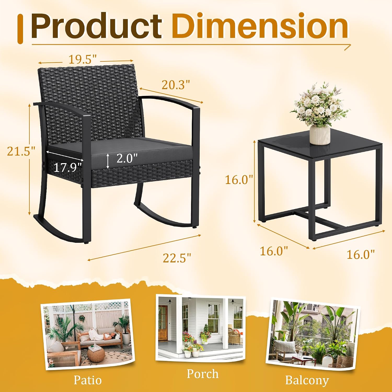 JUMMICO 3 Piece Patio Rocking Chair Set Outdoor Patio Furniture Set with Coffee Table and Cushions for Balcony Porch Bistro (Grey)