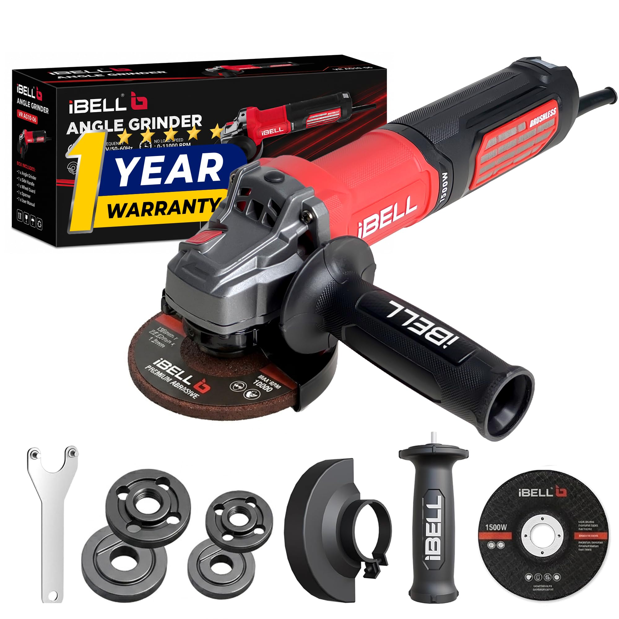 IBELL IBL AGB150 AC Brushless Angle Grinder, 1500W Heavy-Duty Motor, 4500–10500 RPM, Compatible with 100mm, 115mm & 125mm Discs Dia, 3-Position Handle, Multi-Bore Support, 1-Year Warranty-image-4