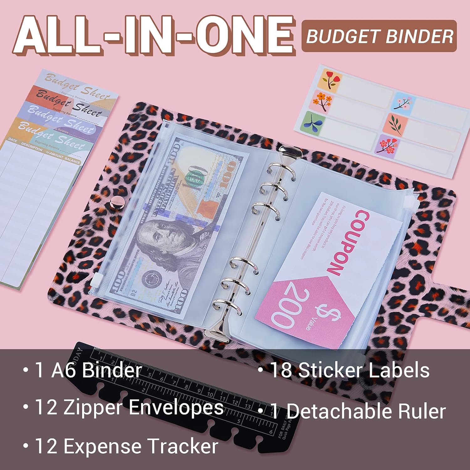 Pink Cash Envelope Wallet Bundle with Leopard Budget Binder - Clear PVC Binder with PU Leather Loose-Leaf Notebook Binder with 12 Zipper Envelopes & Expense Tracker & Labels Money Organizer for Cash : Office Products
